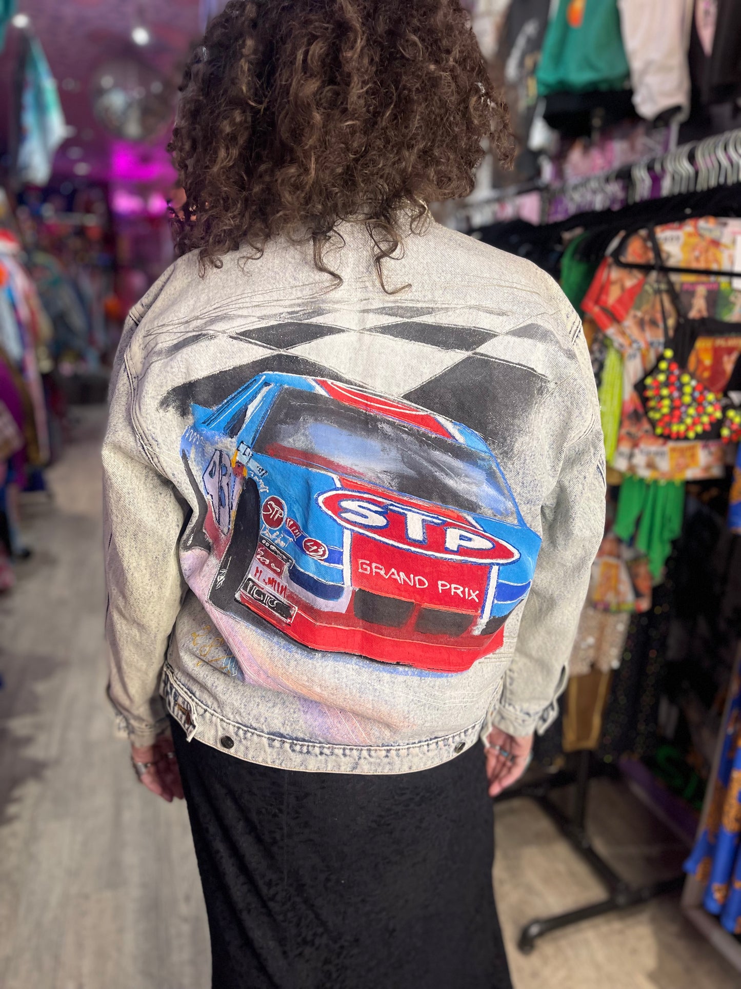 Vintage 90s Race Car Painted Jean Jacket