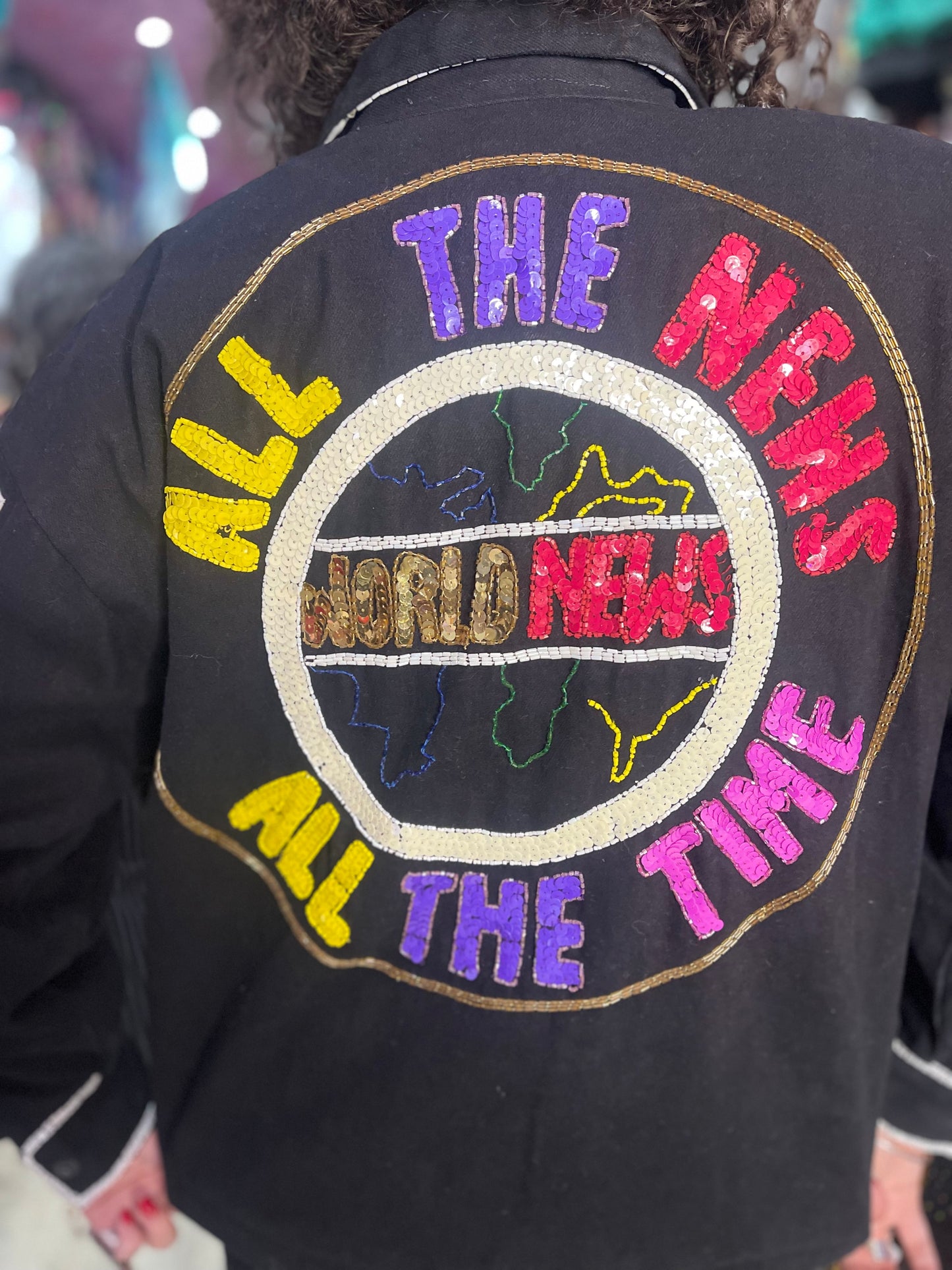Vintage 90s Sequin News Words Bomber Denim Jacket