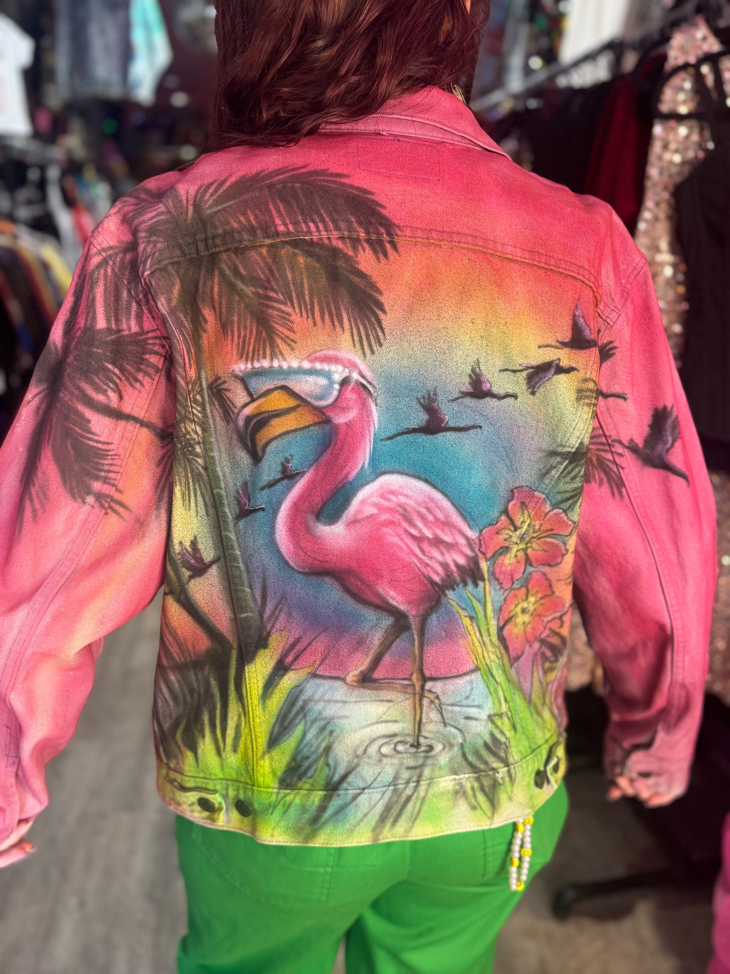 Vintage 80s Florida Flamingo Airbrushed Jean Jacket