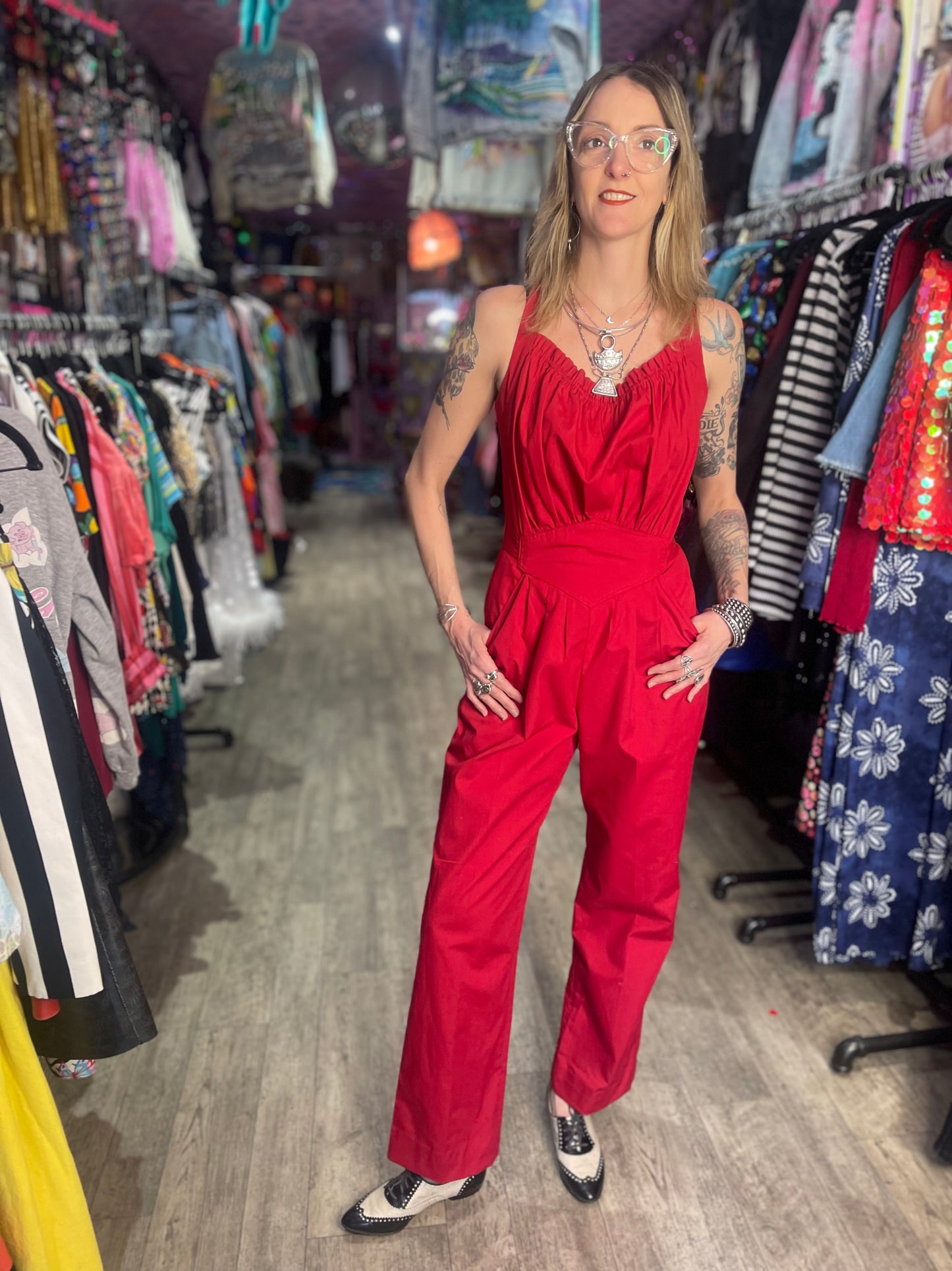 Vintage 80’s Red Belted Gathered Front Jumpsuit