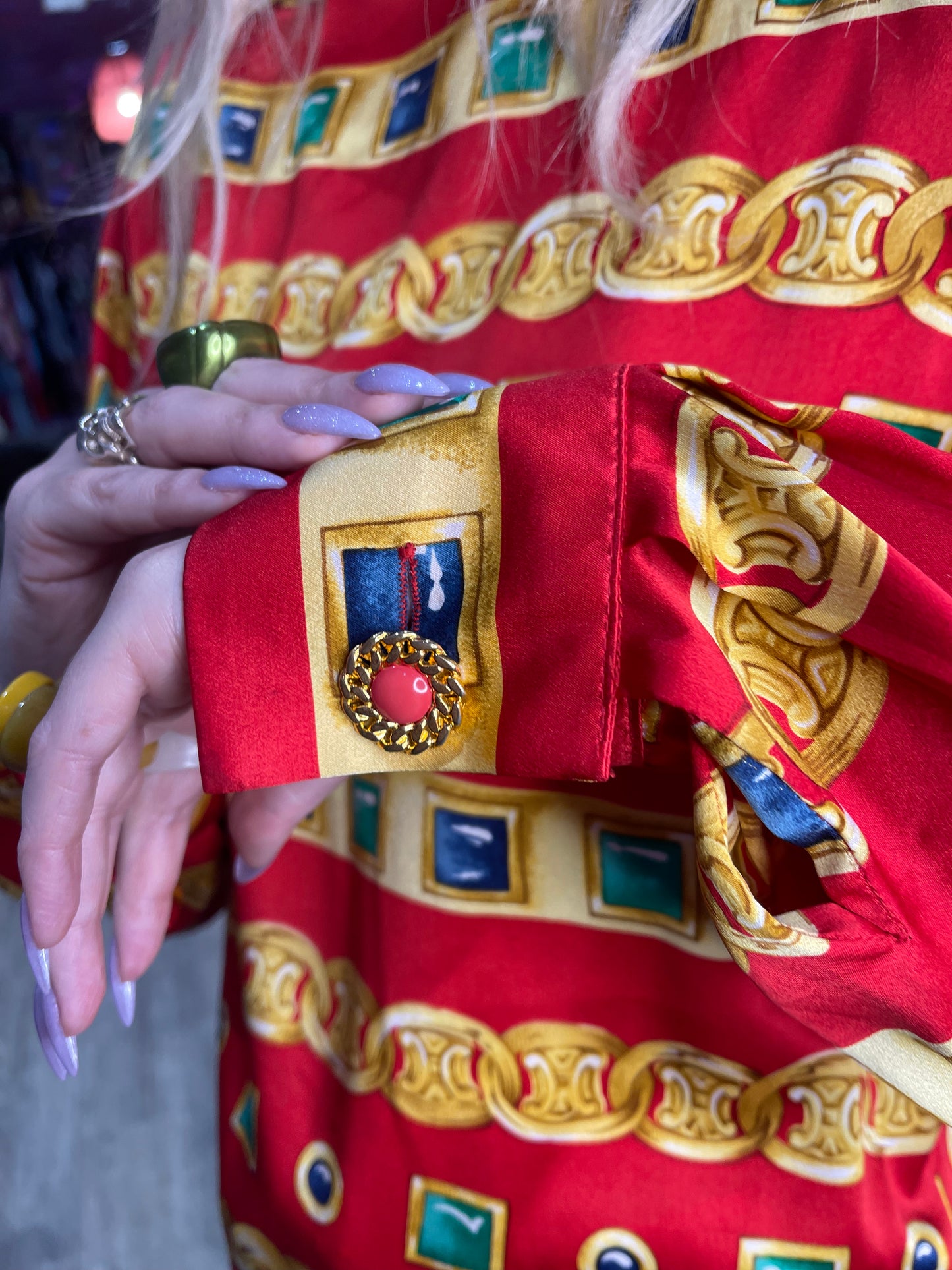 Vintage 90s Gold Jewlery Print Silk Blouse