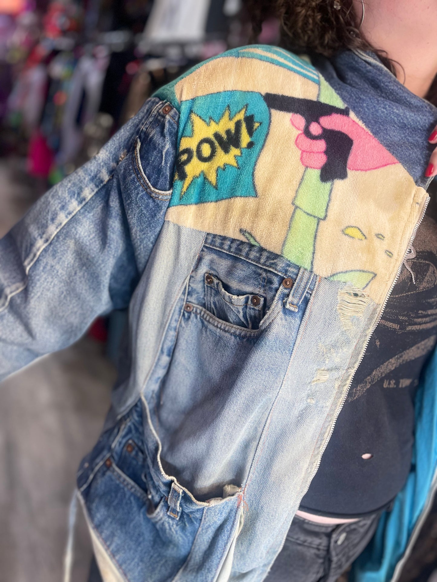 Vintage 80s Patchwork Pink Panther Jean Jacket