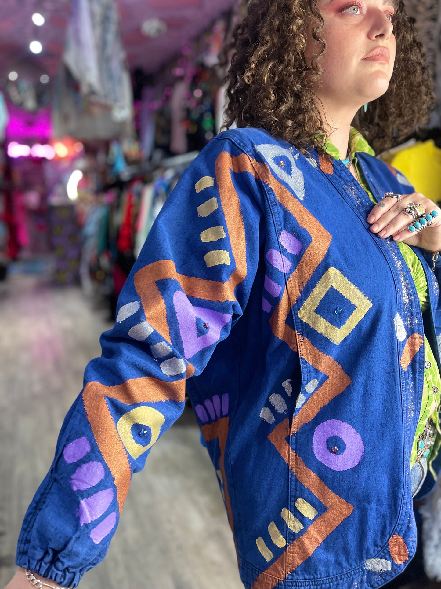 Vintage 80s Geometric Painted Blue Jacket