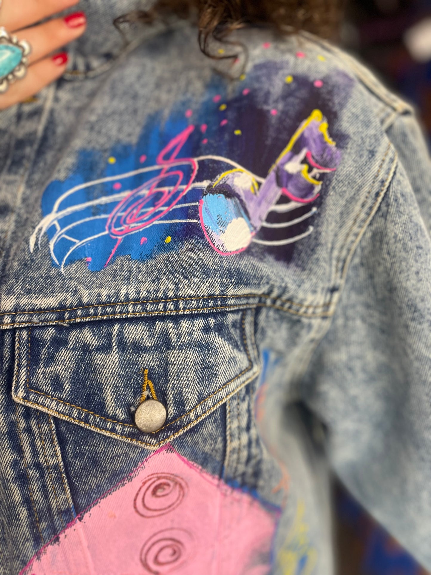 Vintage 80s Hand Painted Classic Car Chevy Jean Jacket