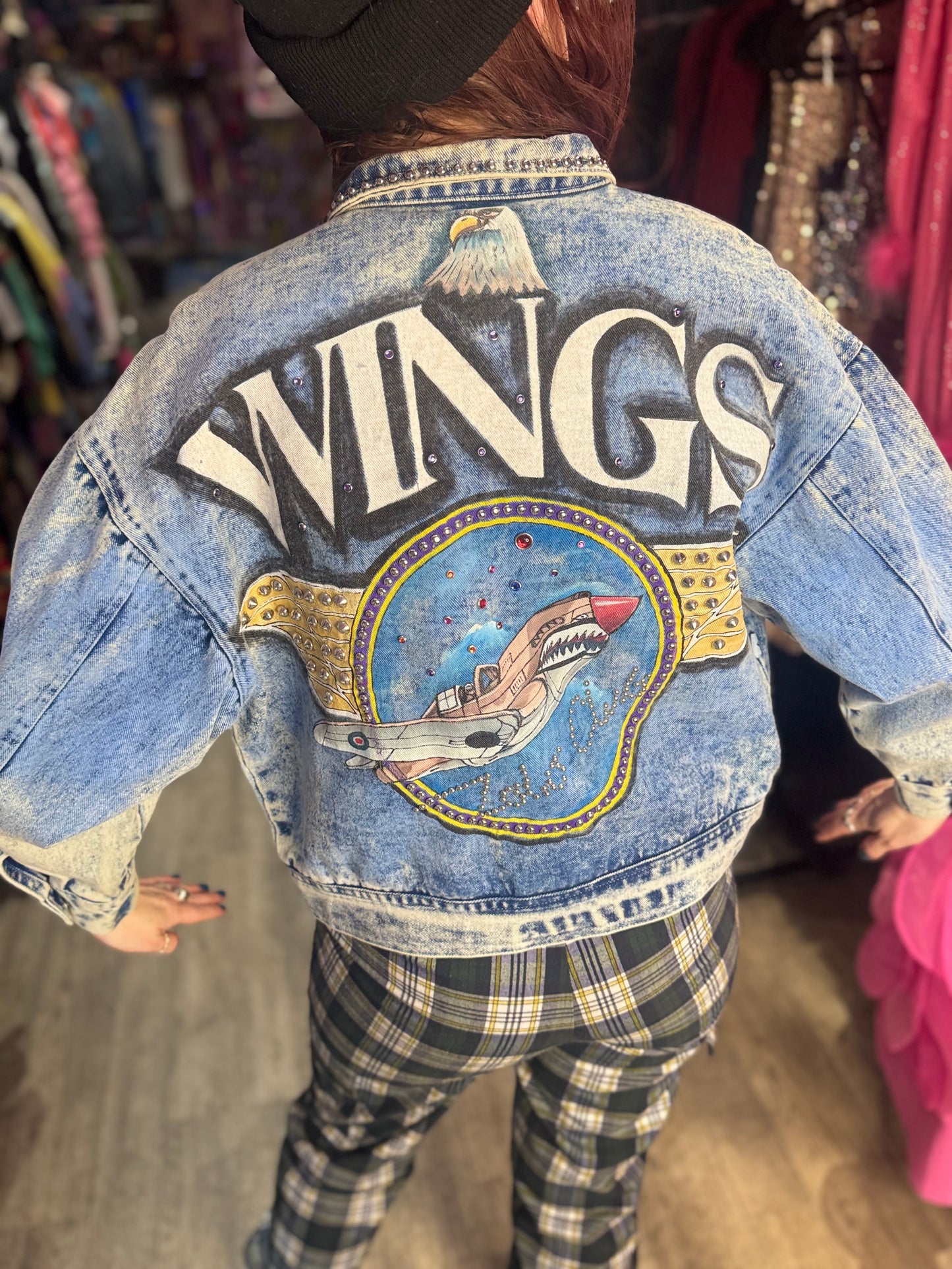 Vintage 90s Painted Airplane Wings Jean Jacket