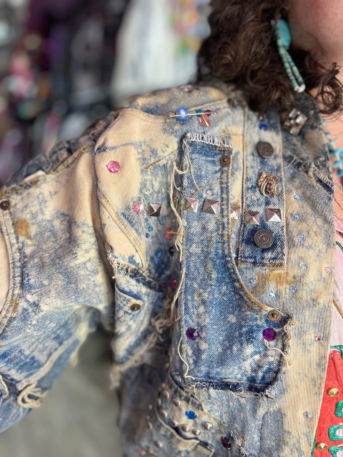Vintage 80s Custom Patchwork Designer Quilted Bling Denim Jacket