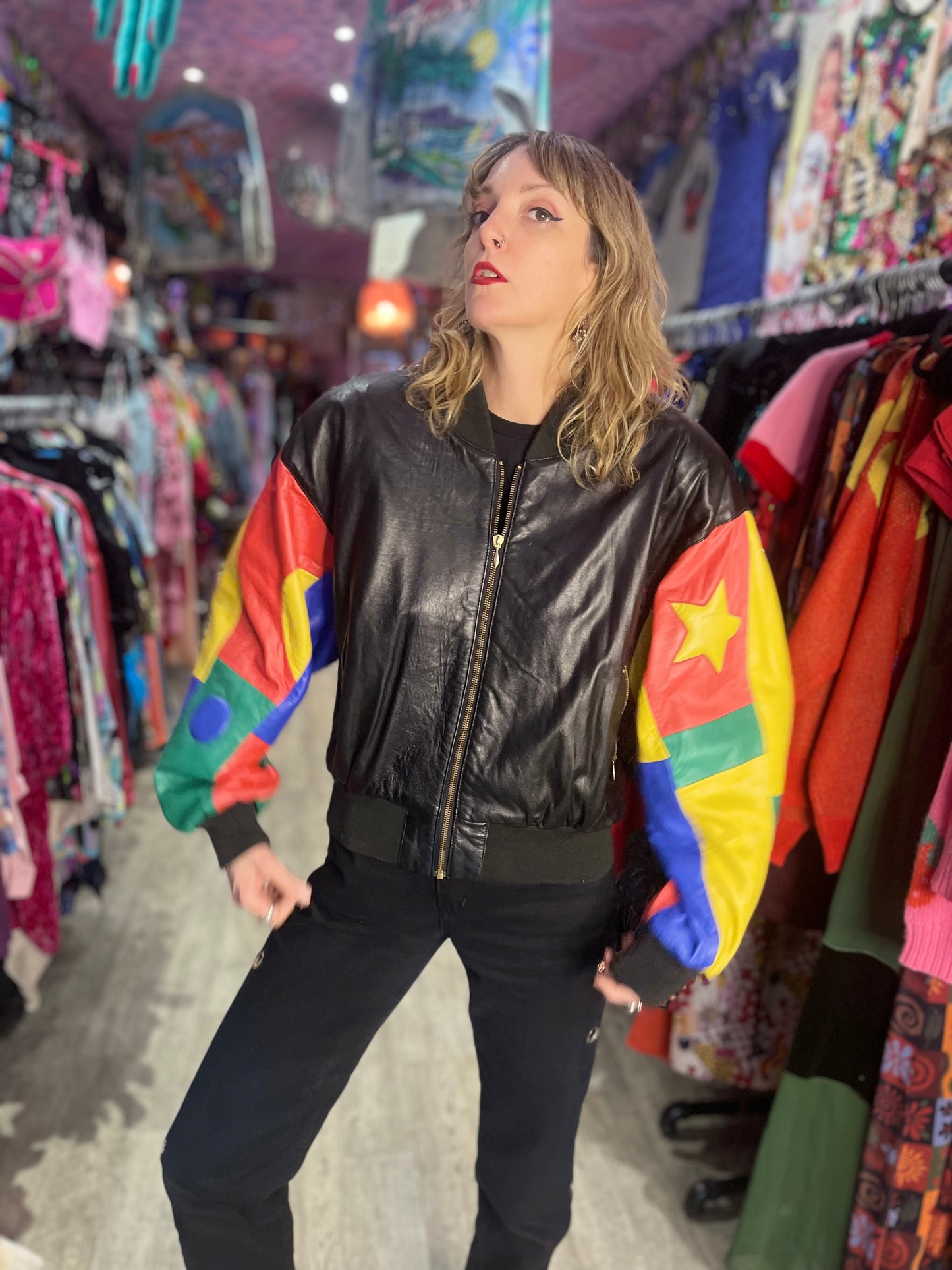 Vintage 90s Colorblock Leather Bomber Jacket