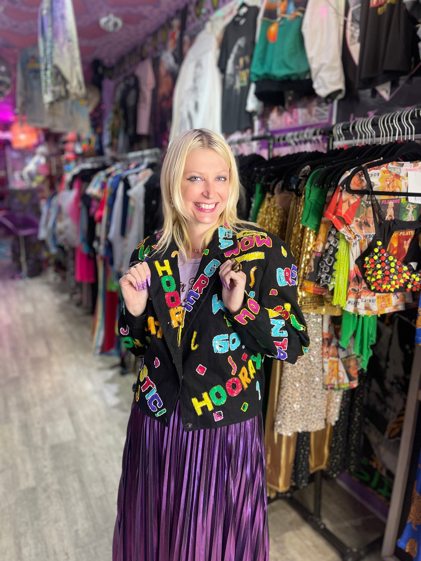 Vintage 90s Sequin Happy Words Denim Jacket