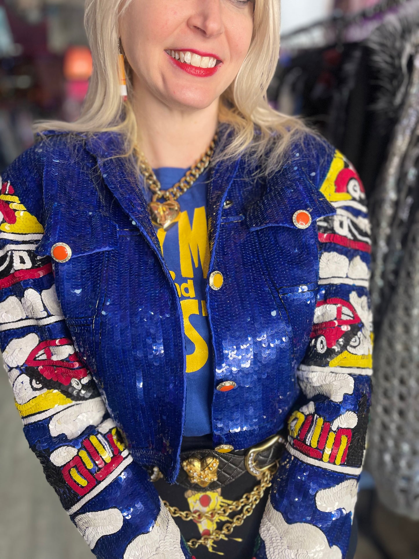 Vintage 90s Sequin Motor Cars Cropped Jacket