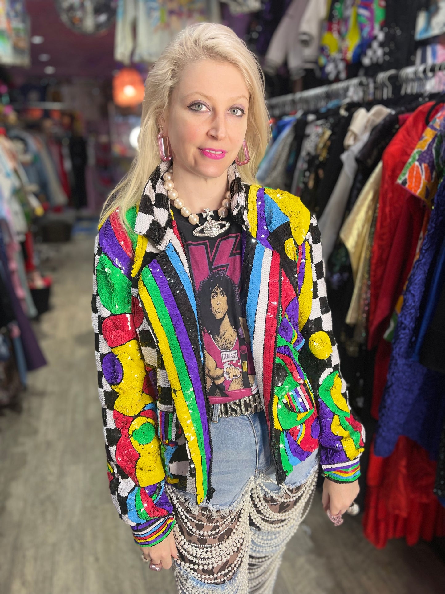 Vintage 90s Wild Colorful Mix Print Sequin Encrusted Blazer Jacket
