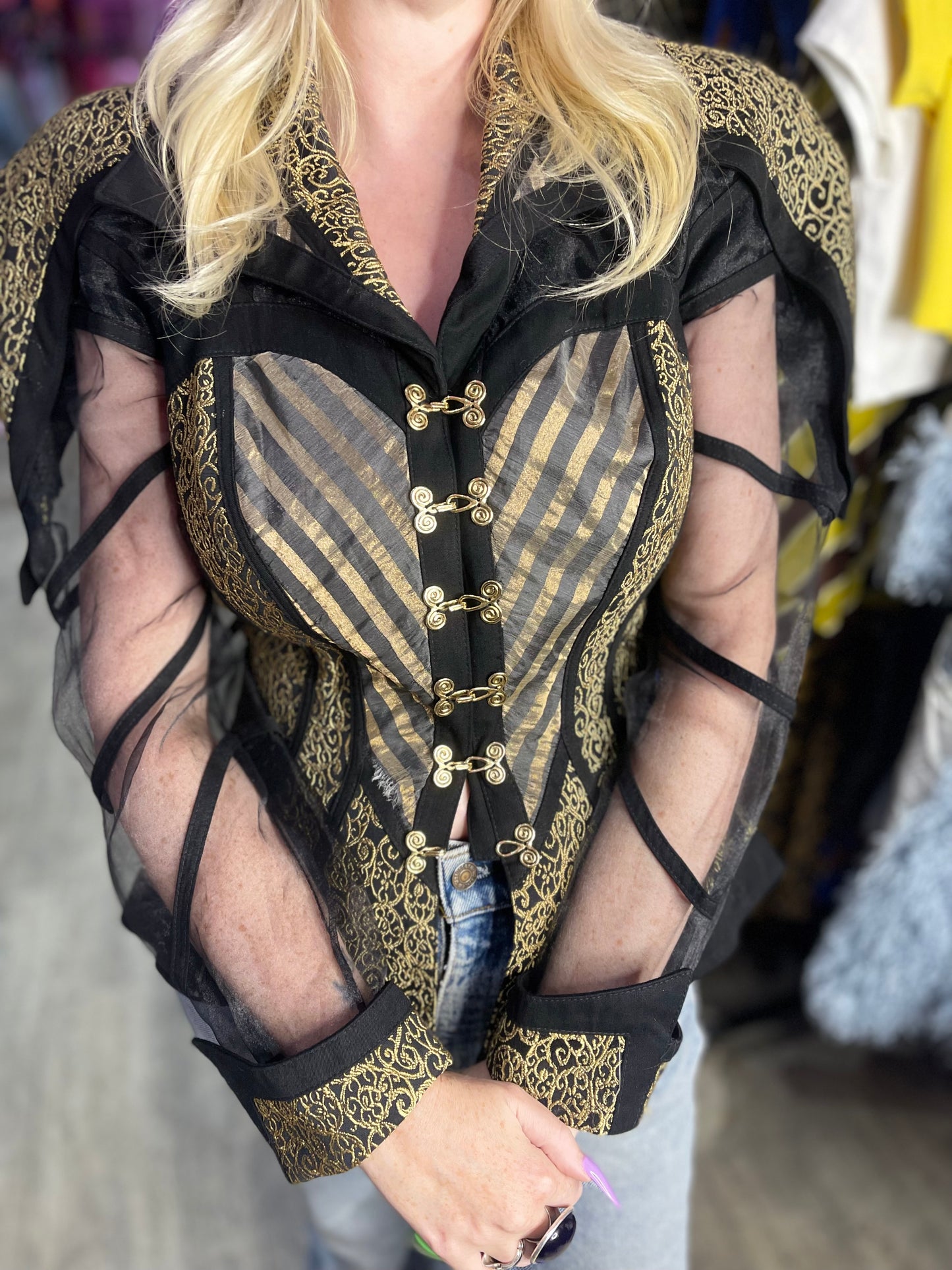 Vintage 90s Gold and Black Status Print Peplum Jacket