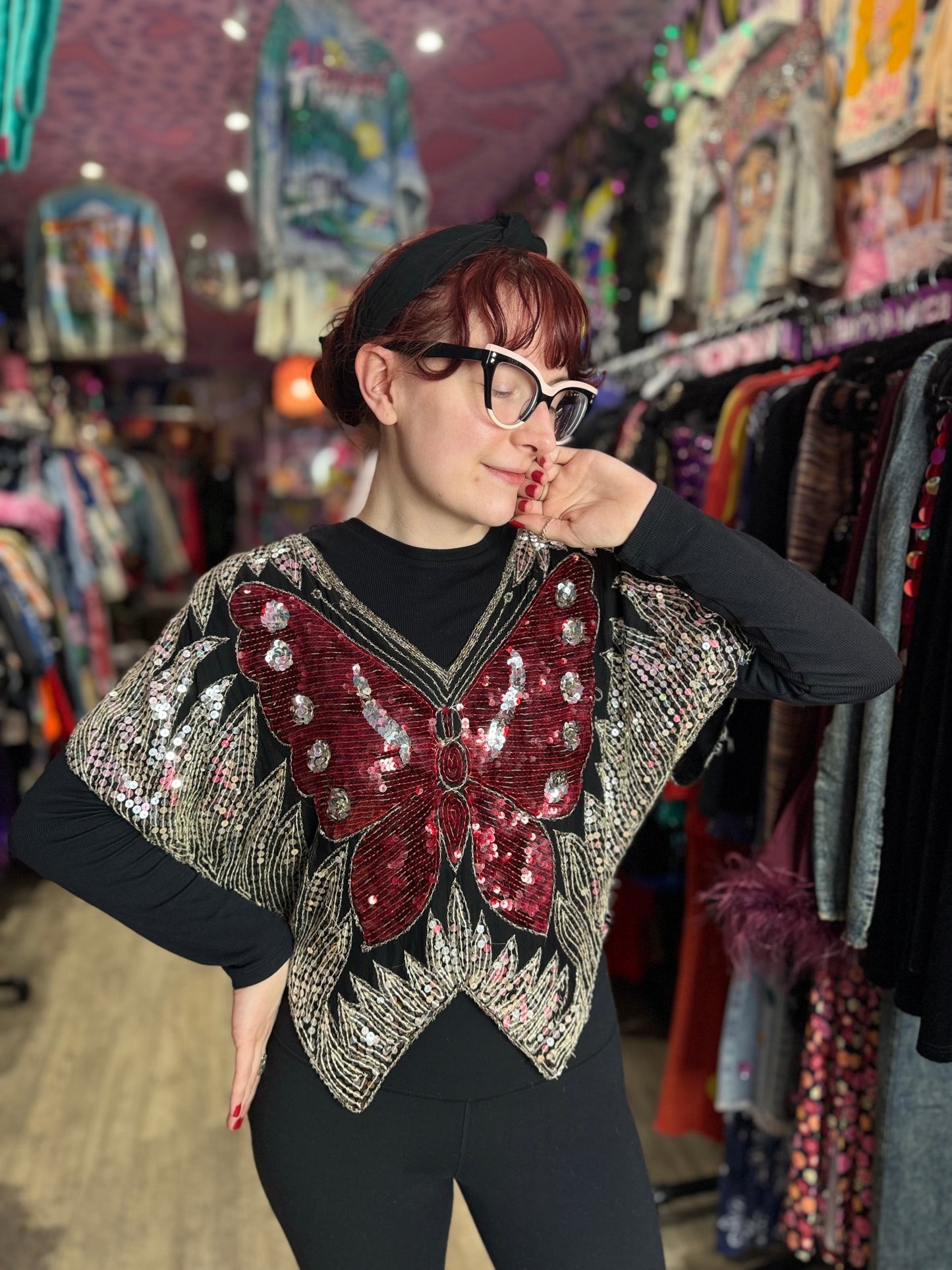 Vintage 80s Sequin Burgandy Silver Butterfly Top