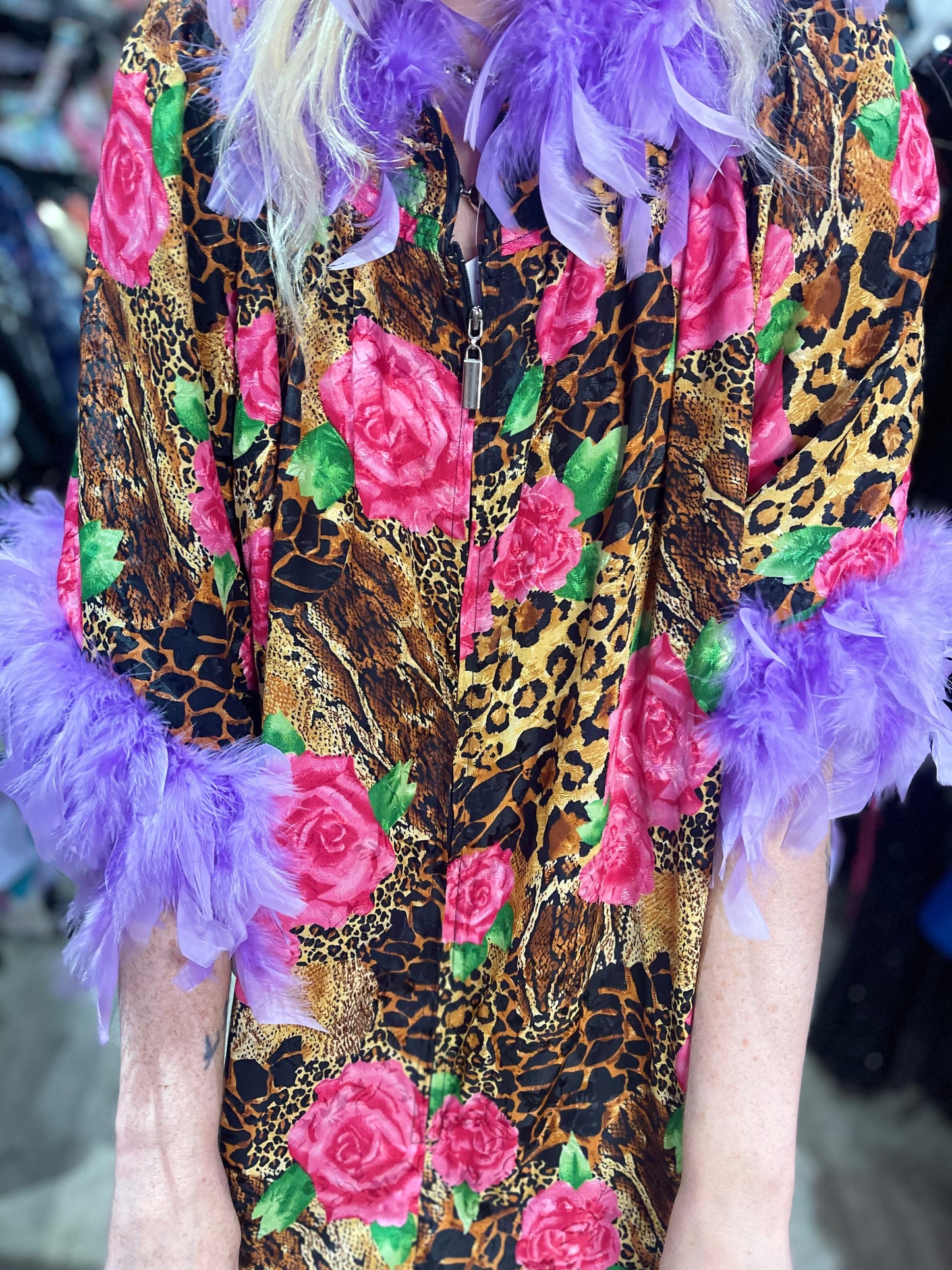 Vintage 90s Leopard and Rose Feather Trim Caftan