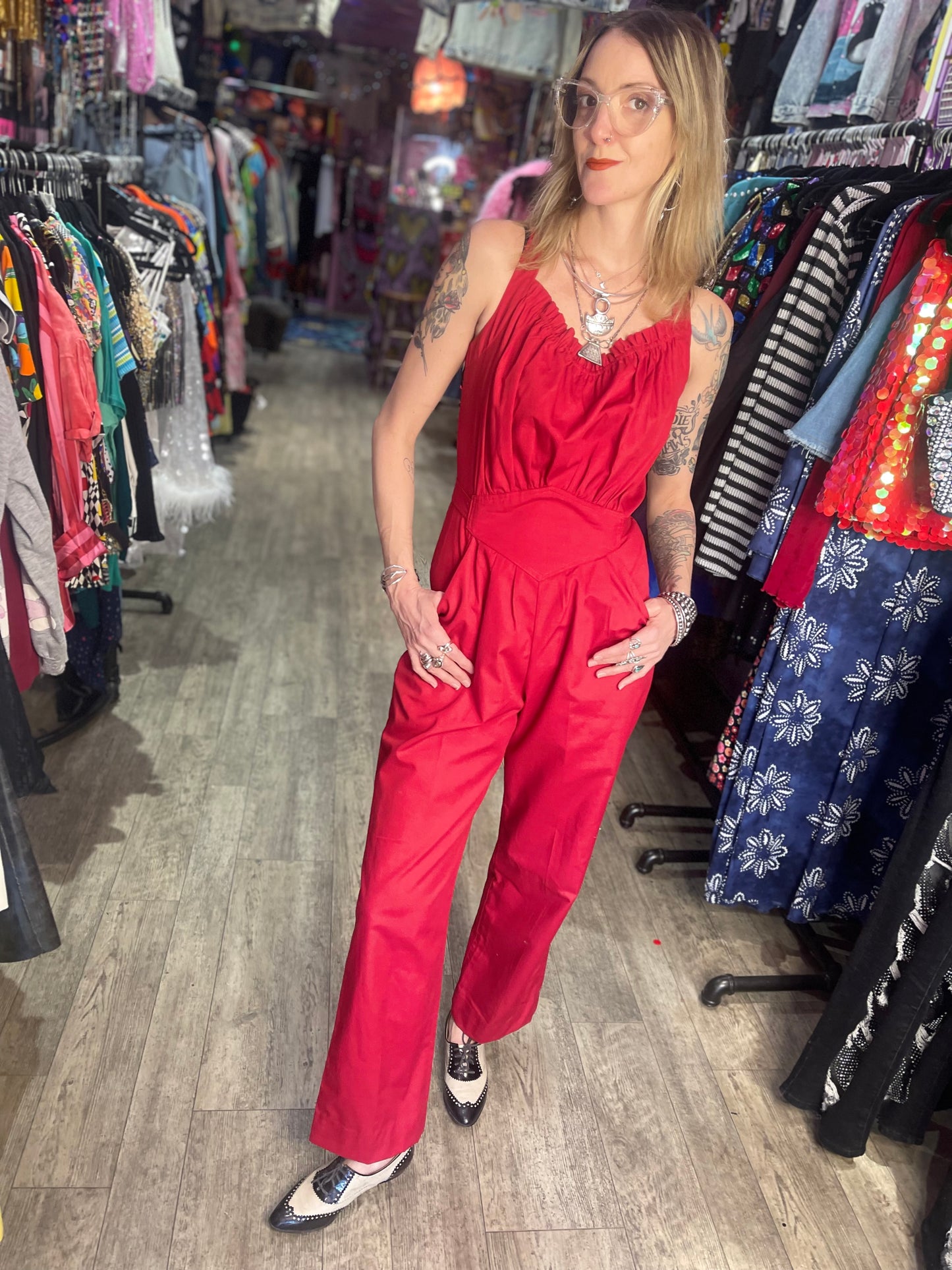 Vintage 80’s Red Belted Gathered Front Jumpsuit