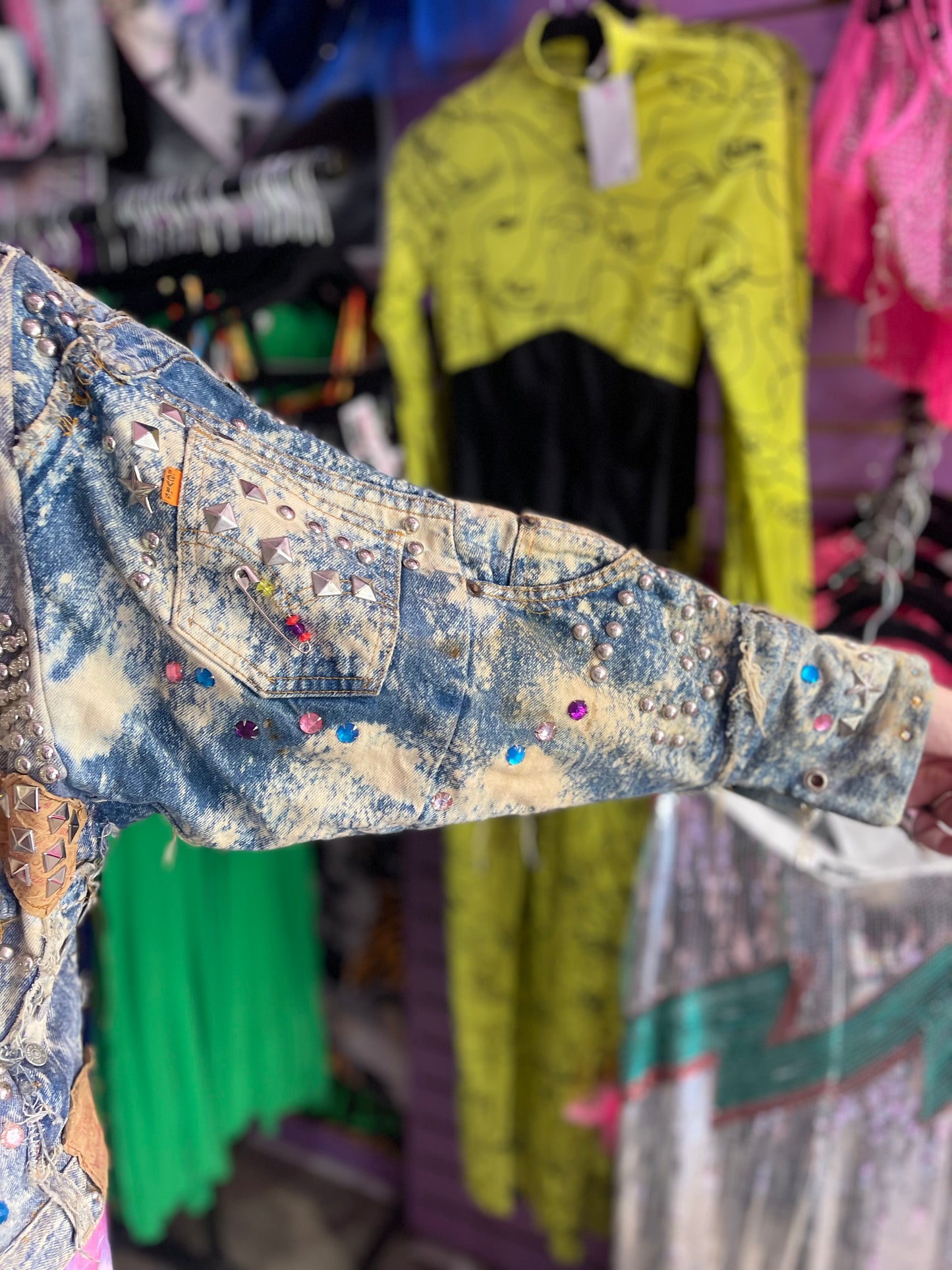 Vintage 80s Custom Patchwork Designer Quilted Bling Denim Jacket