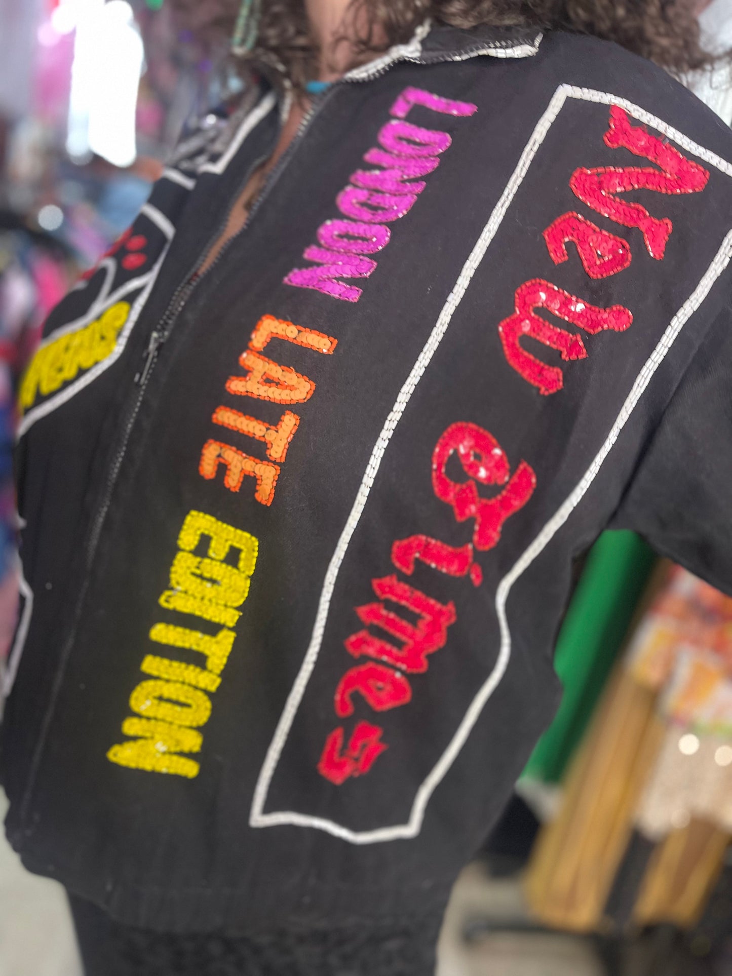 Vintage 90s Sequin News Words Bomber Denim Jacket