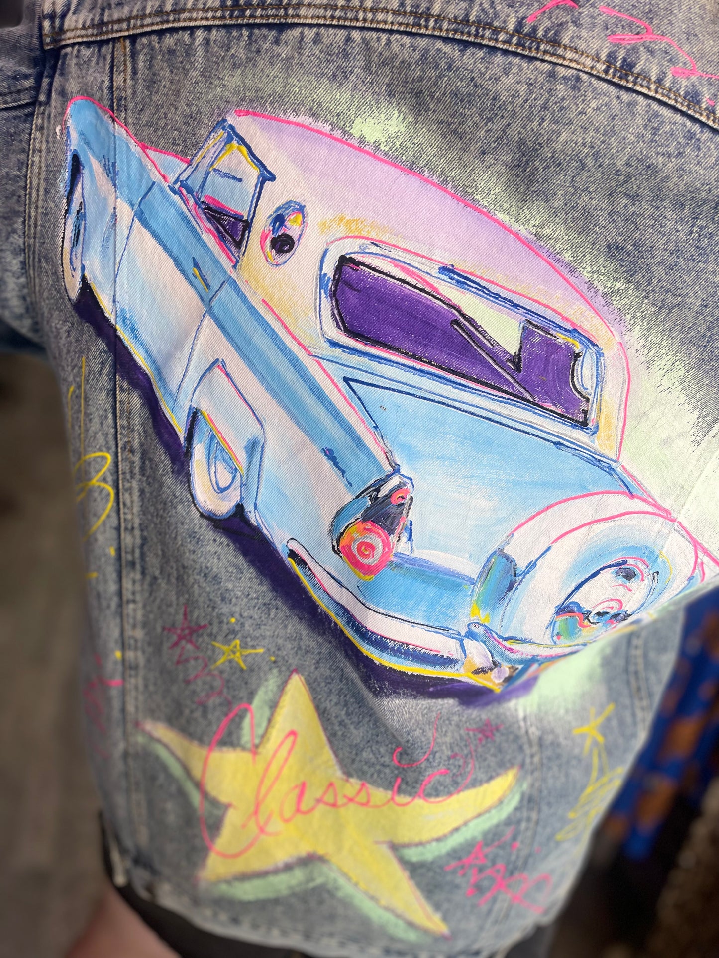 Vintage 80s Hand Painted Classic Car Chevy Jean Jacket