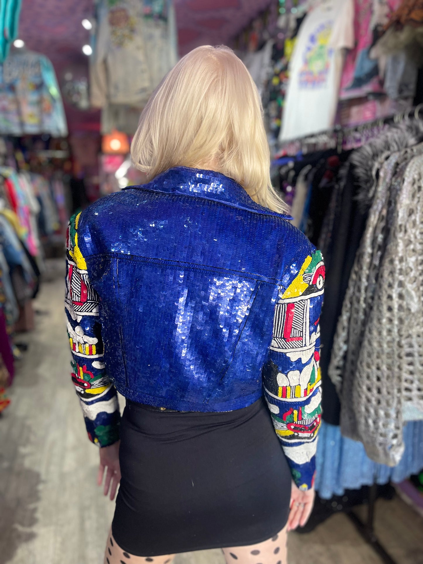 Vintage 90s Sequin Motor Cars Cropped Jacket