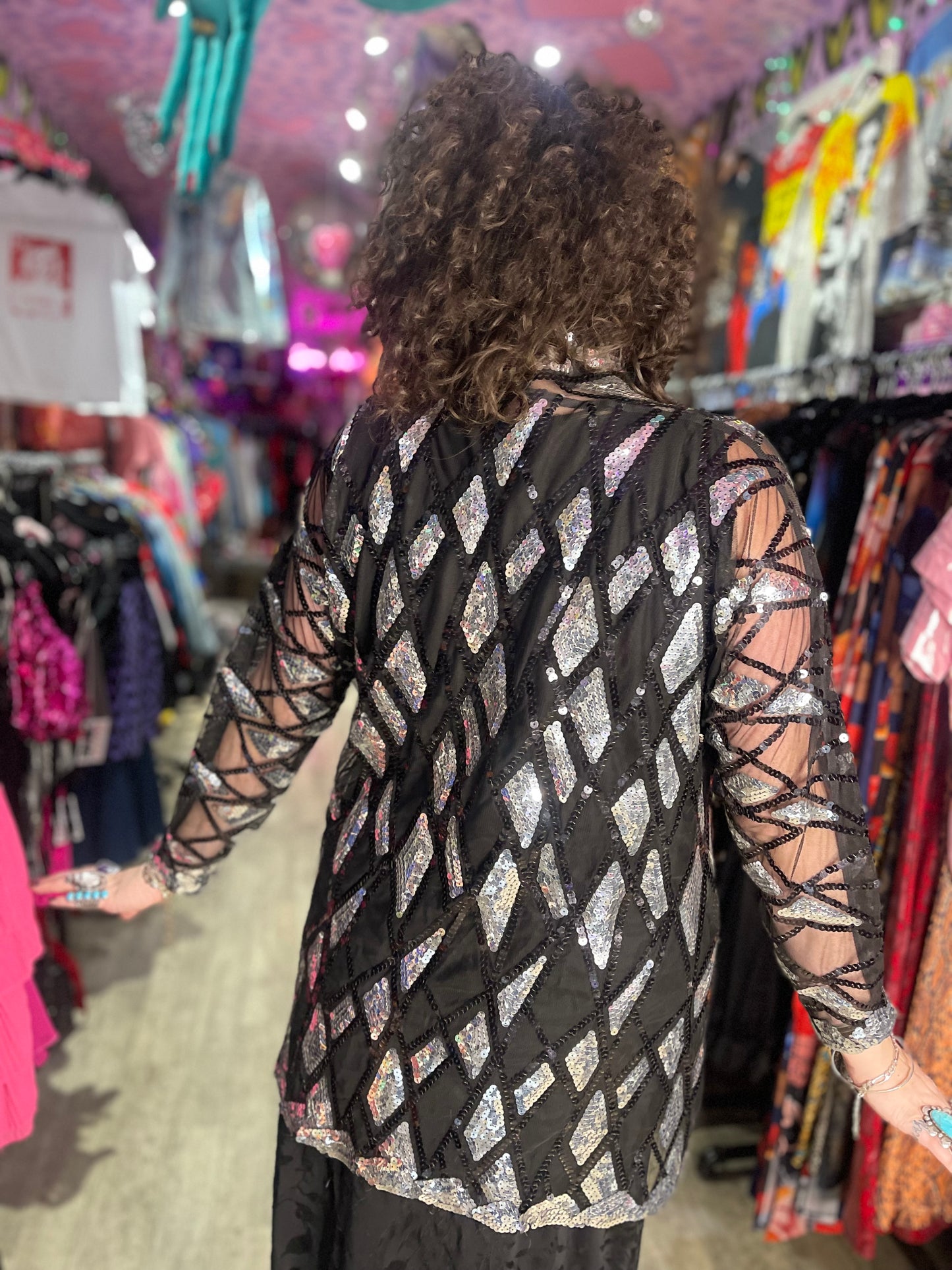 Vintage 80s Sequin Silver and Black Kimono Jacket