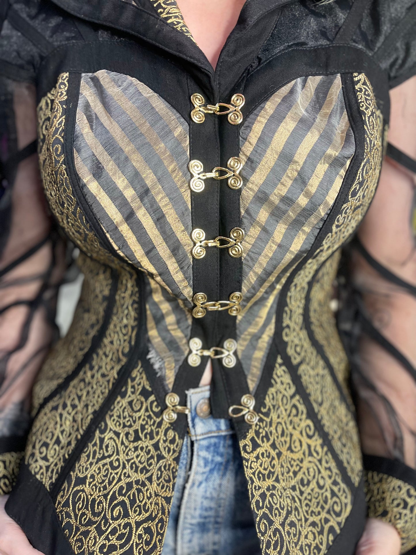 Vintage 90s Gold and Black Status Print Peplum Jacket