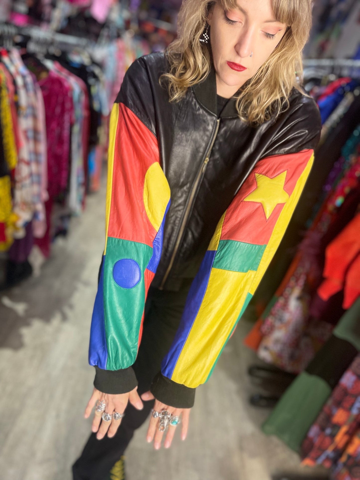 Vintage 90s Colorblock Leather Bomber Jacket