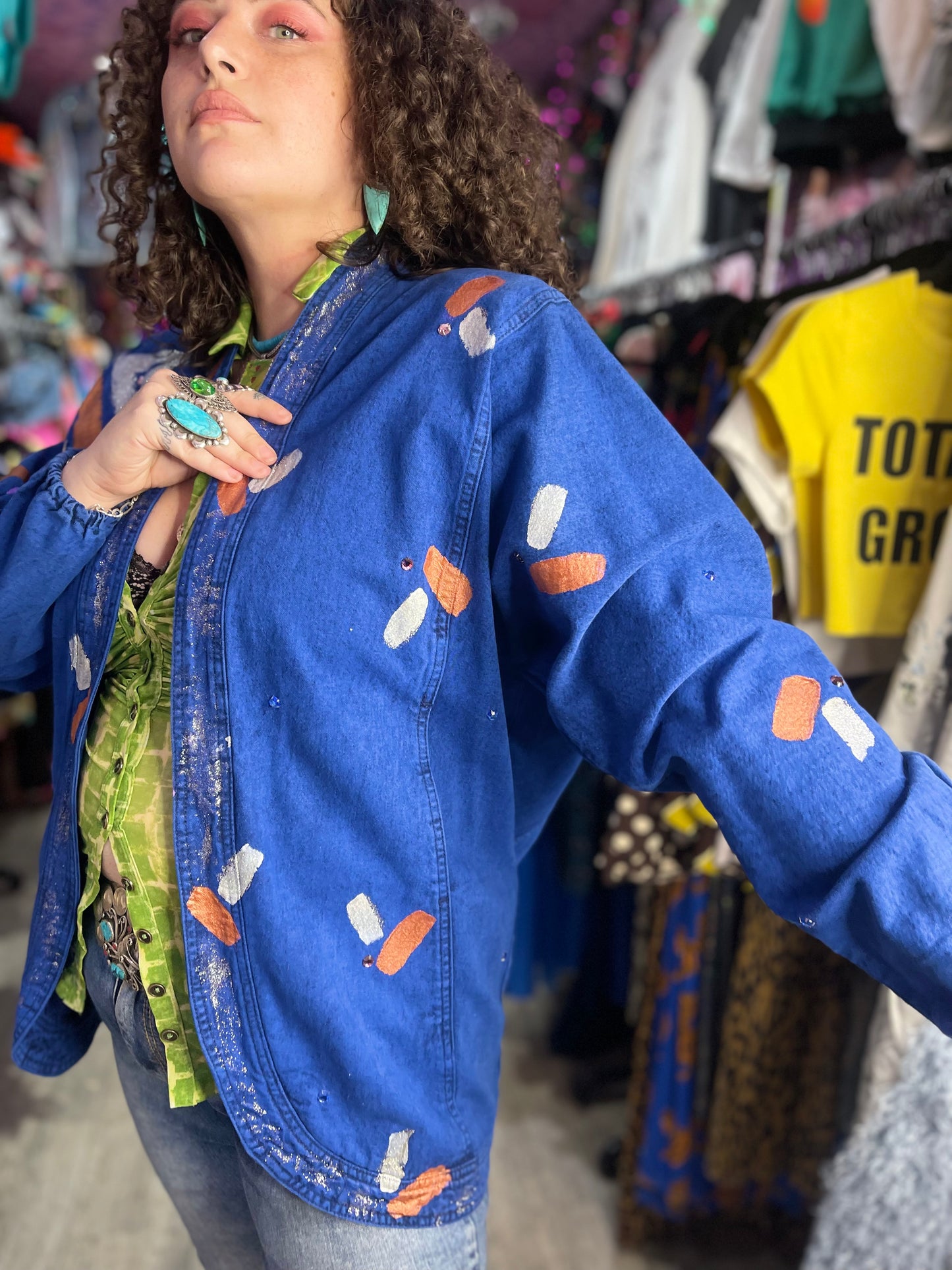 Vintage 80s Geometric Painted Blue Jacket