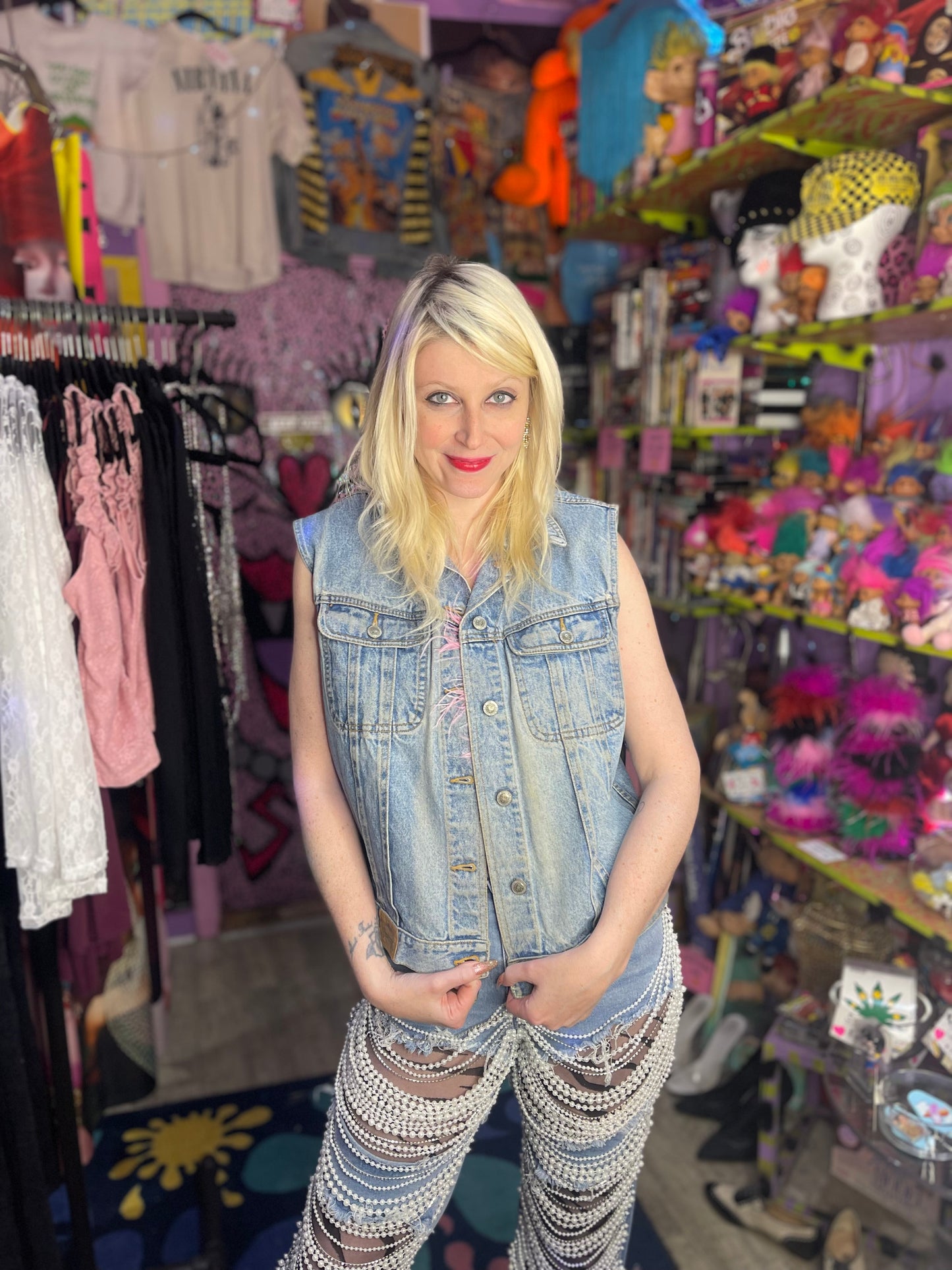 Vintage 90’s hand Painted Smokin Skull Denim Vest