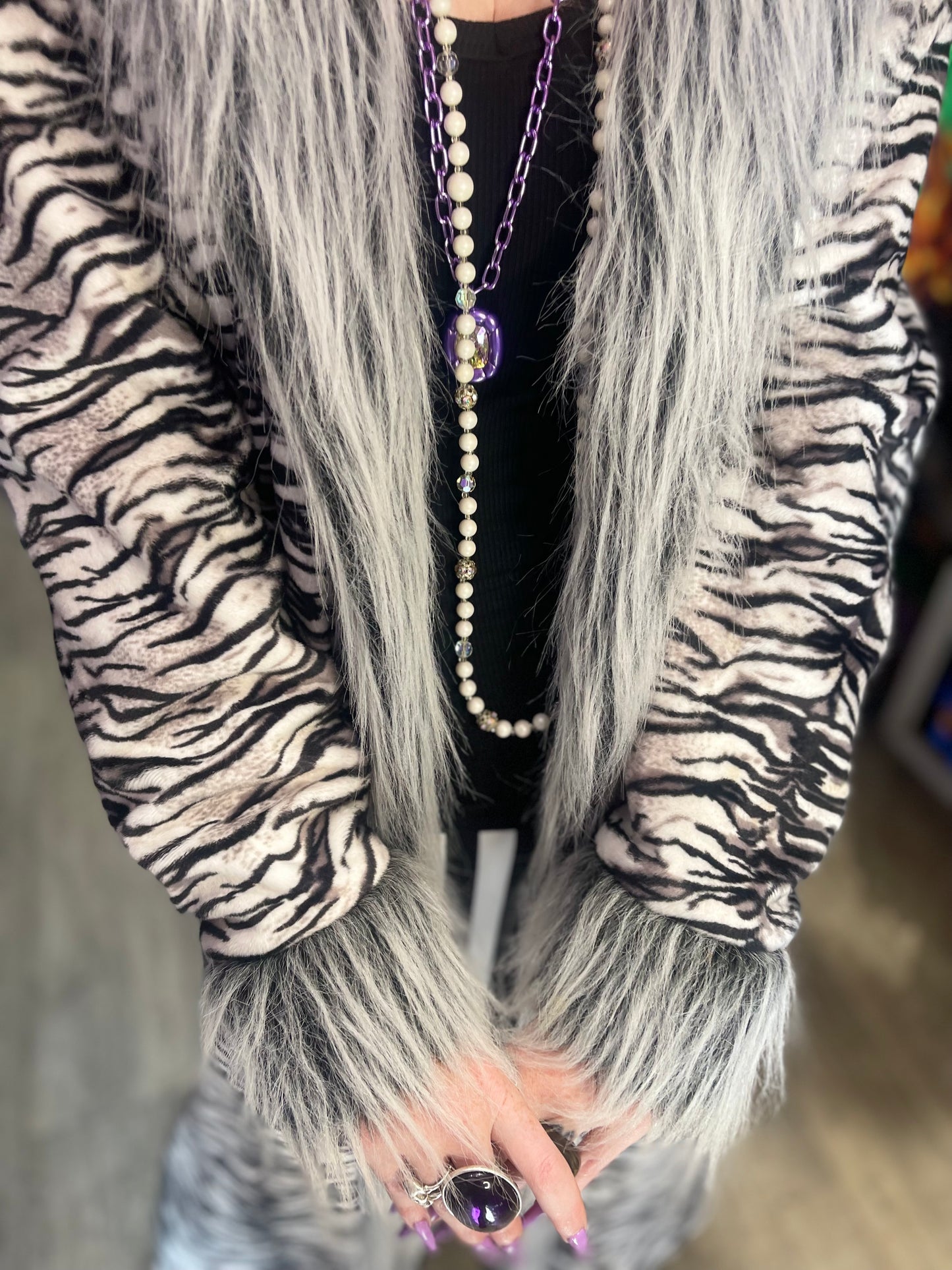 Vintage Y2K Zebra Faux Fur Duster Jacket
