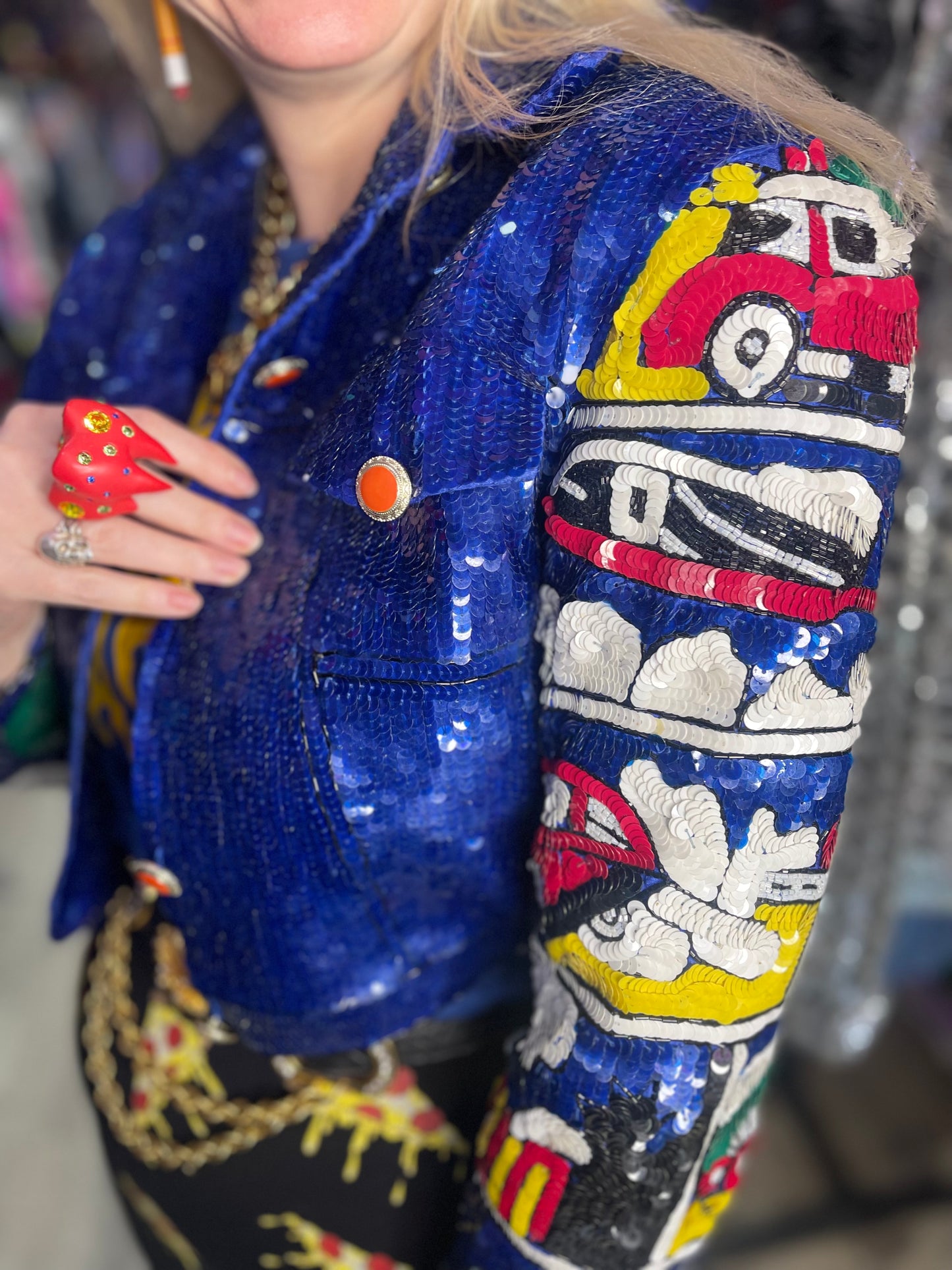Vintage 90s Sequin Motor Cars Cropped Jacket