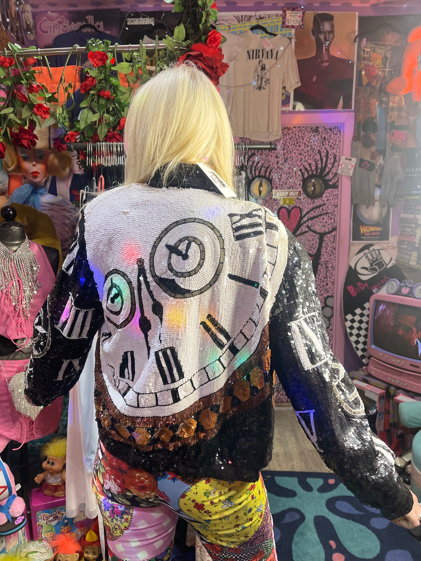 Vintage 90s Clocks Sequin Encrusted Bomber Jacket