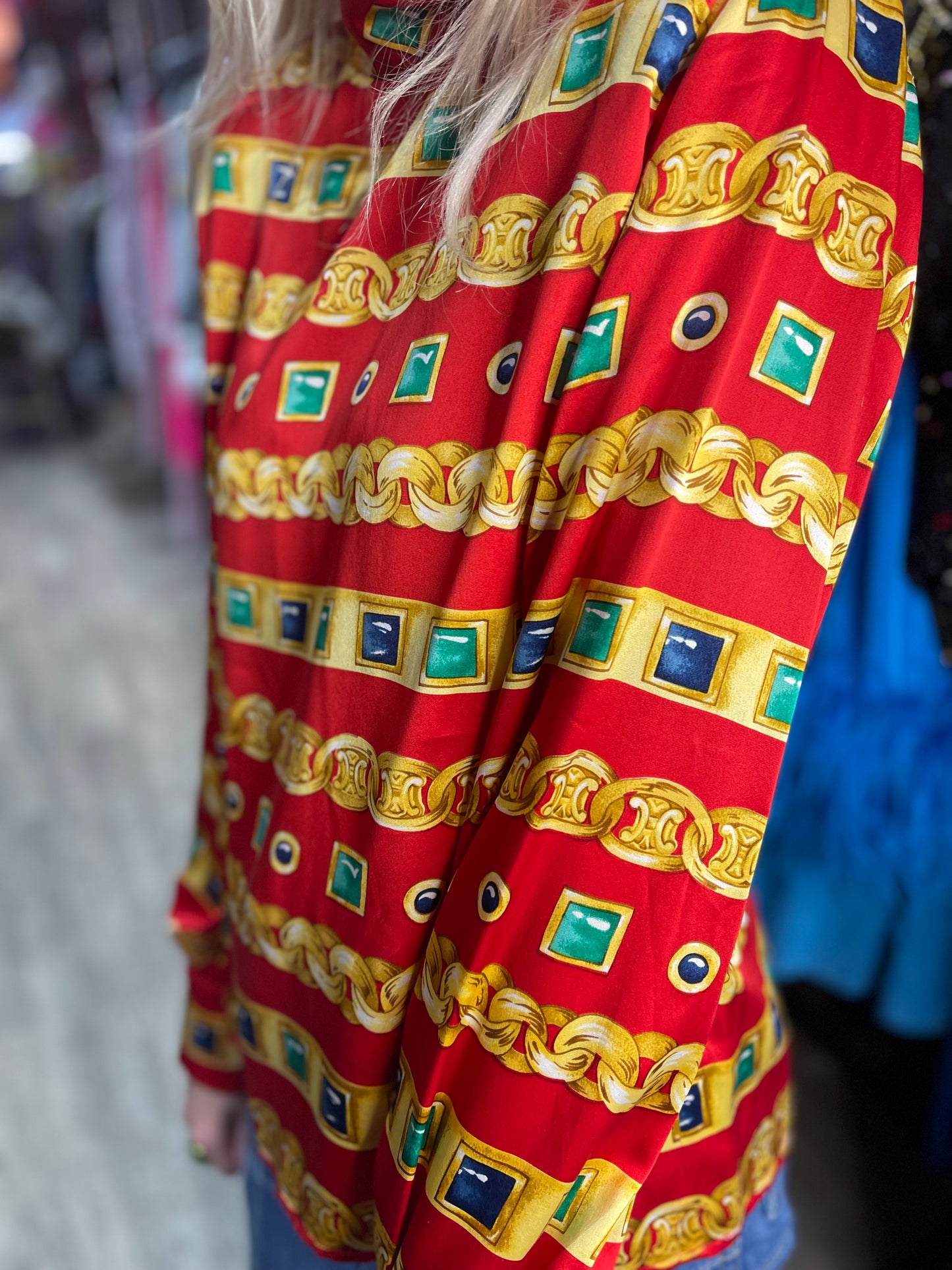 Vintage 90s Gold Jewlery Print Silk Blouse