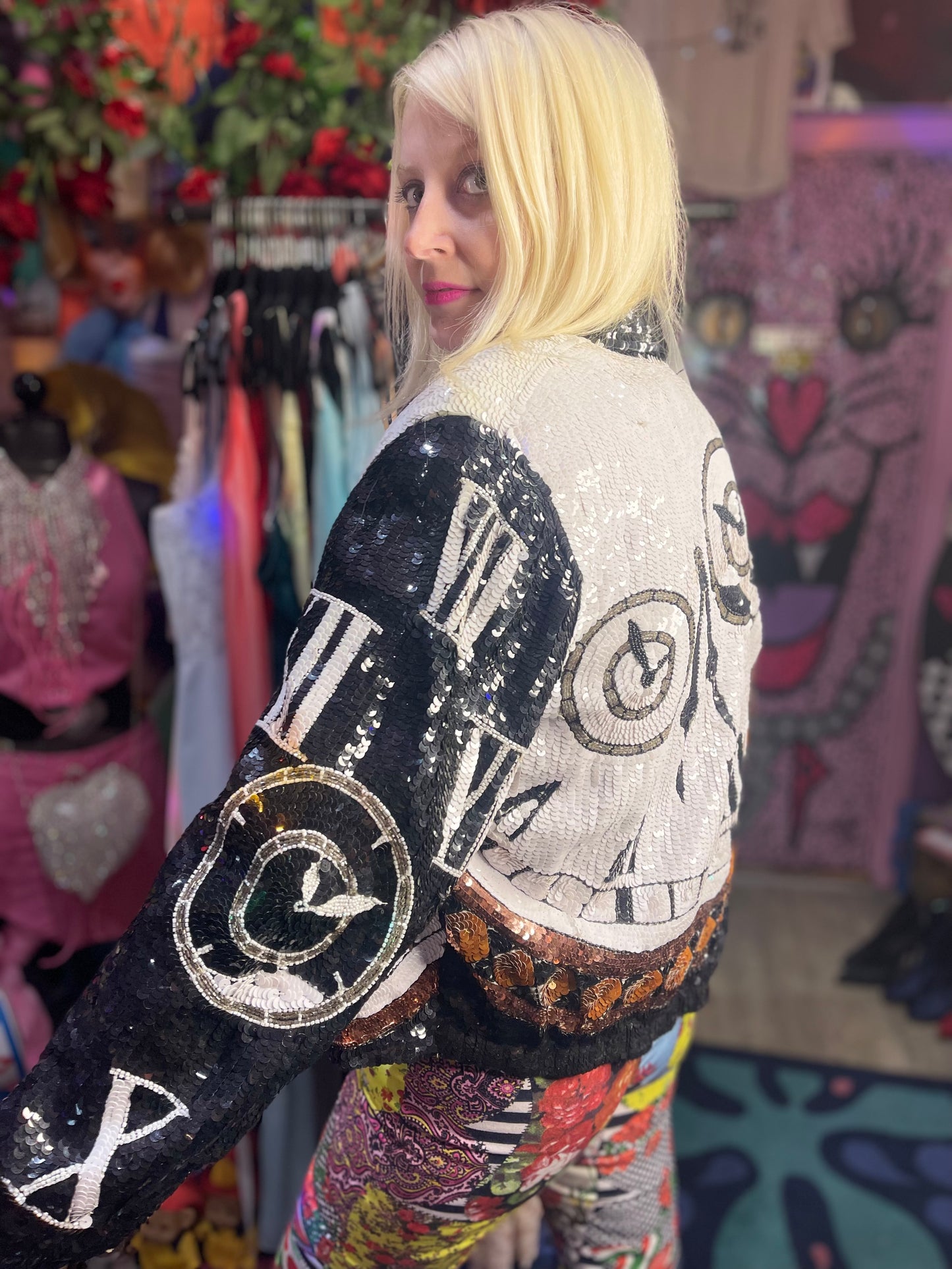 Vintage 90s Clocks Sequin Encrusted Bomber Jacket