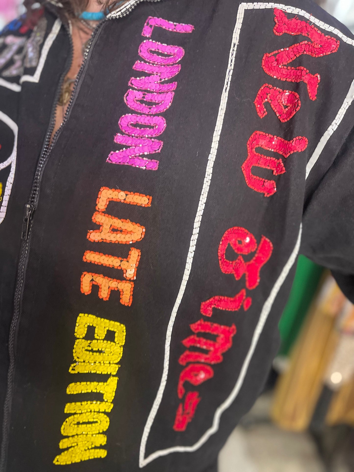 Vintage 90s Sequin News Words Bomber Denim Jacket