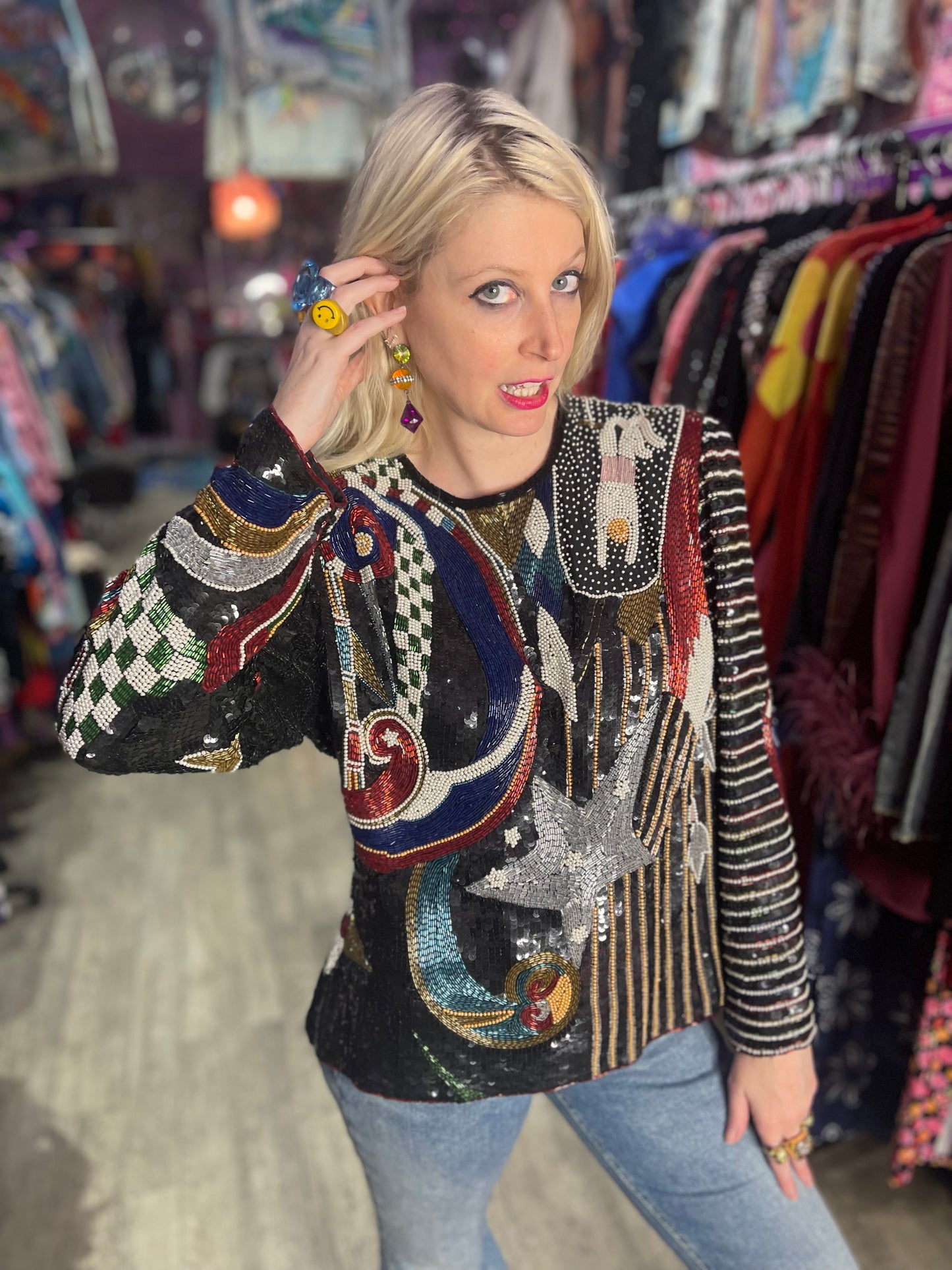 Vintage 80s Sequin Beaded Star Blouse