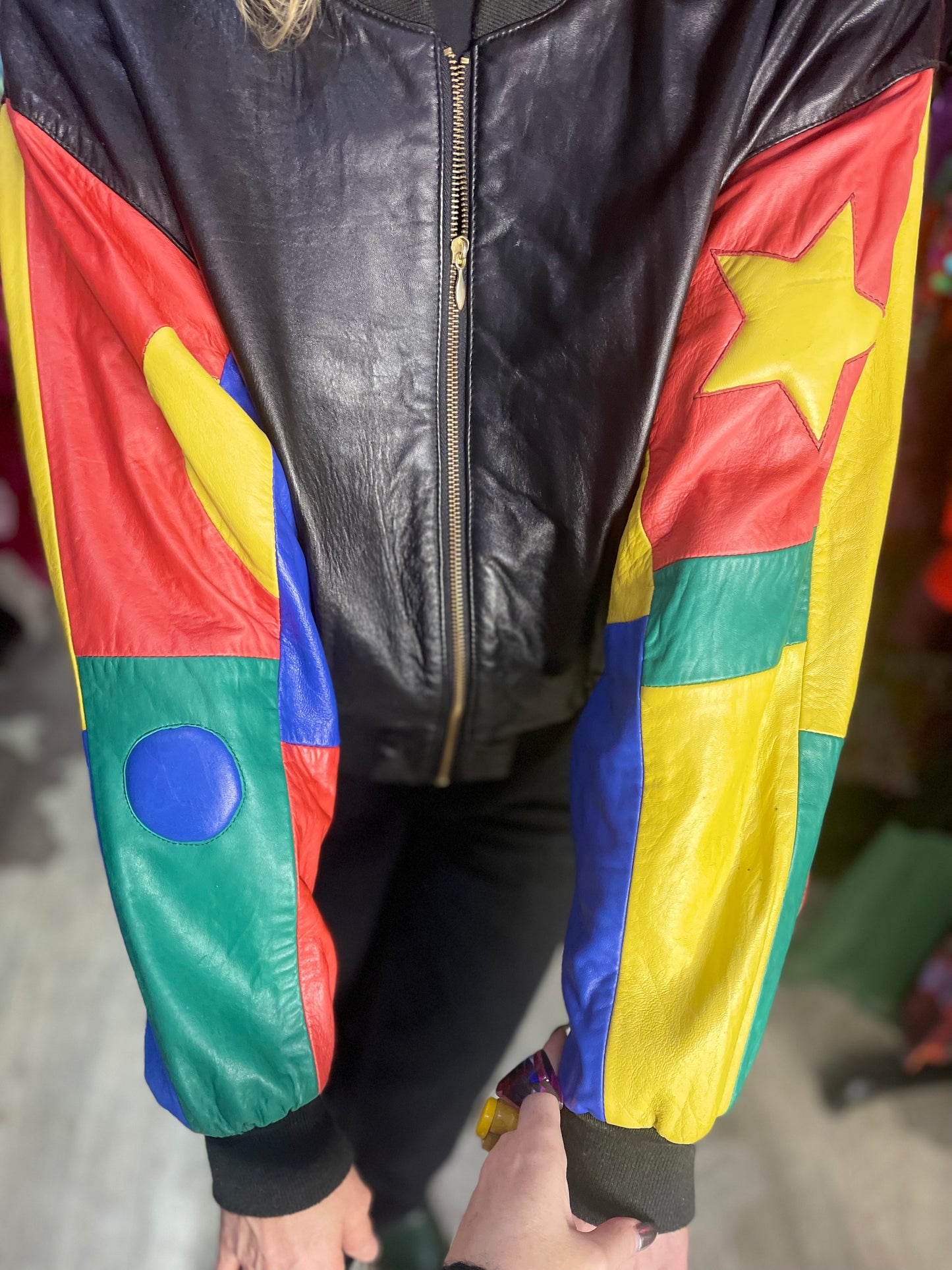 Vintage 90s Colorblock Leather Bomber Jacket
