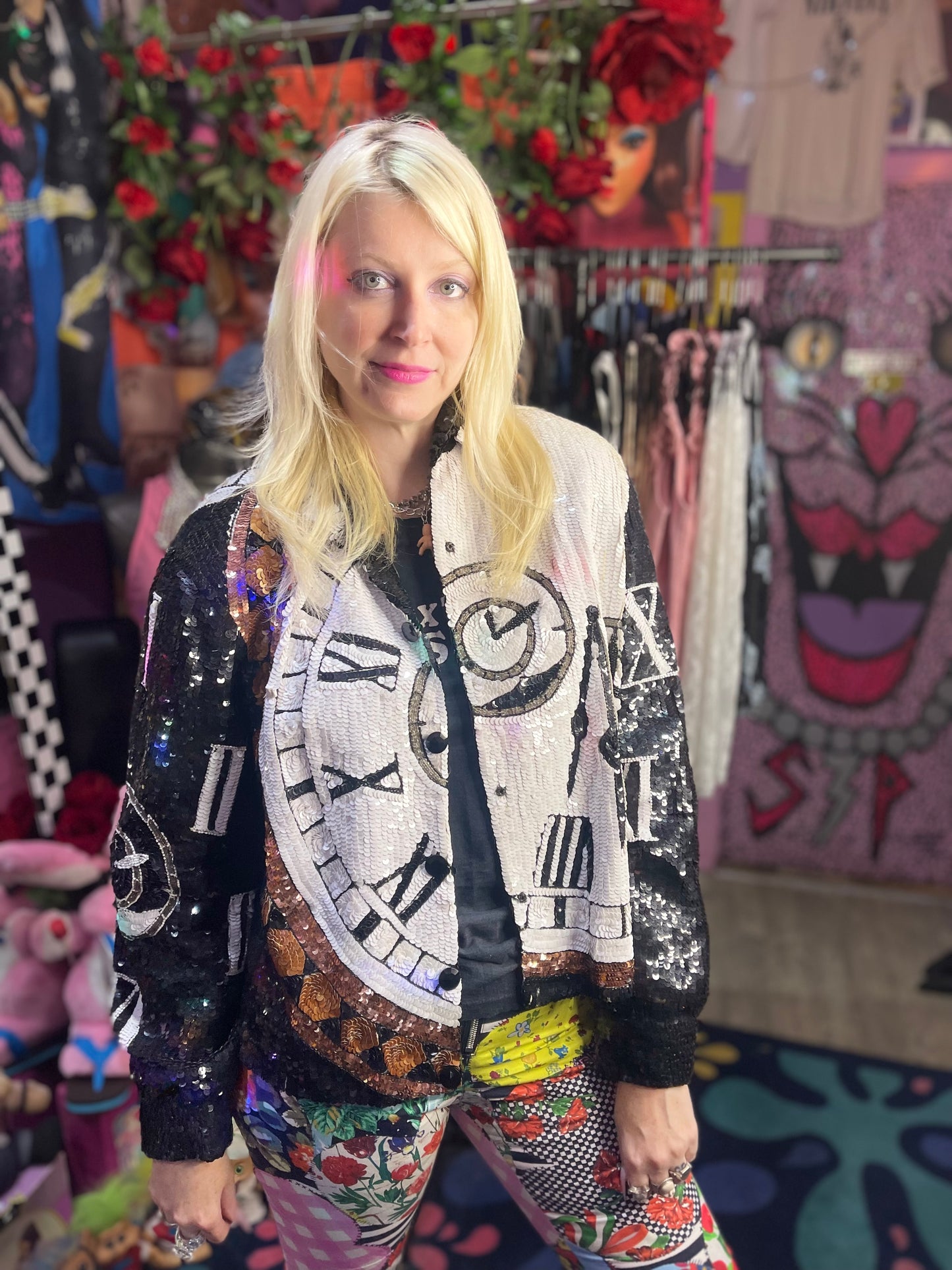 Vintage 90s Clocks Sequin Encrusted Bomber Jacket