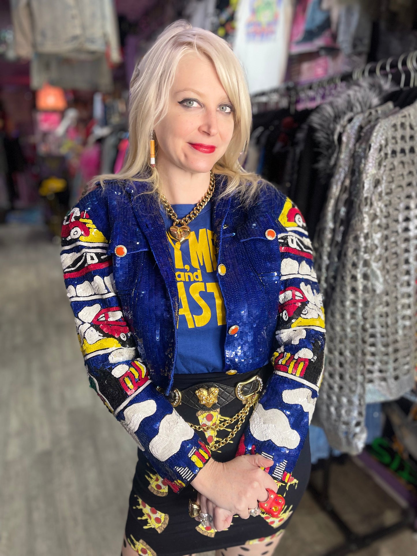 Vintage 90s Sequin Motor Cars Cropped Jacket