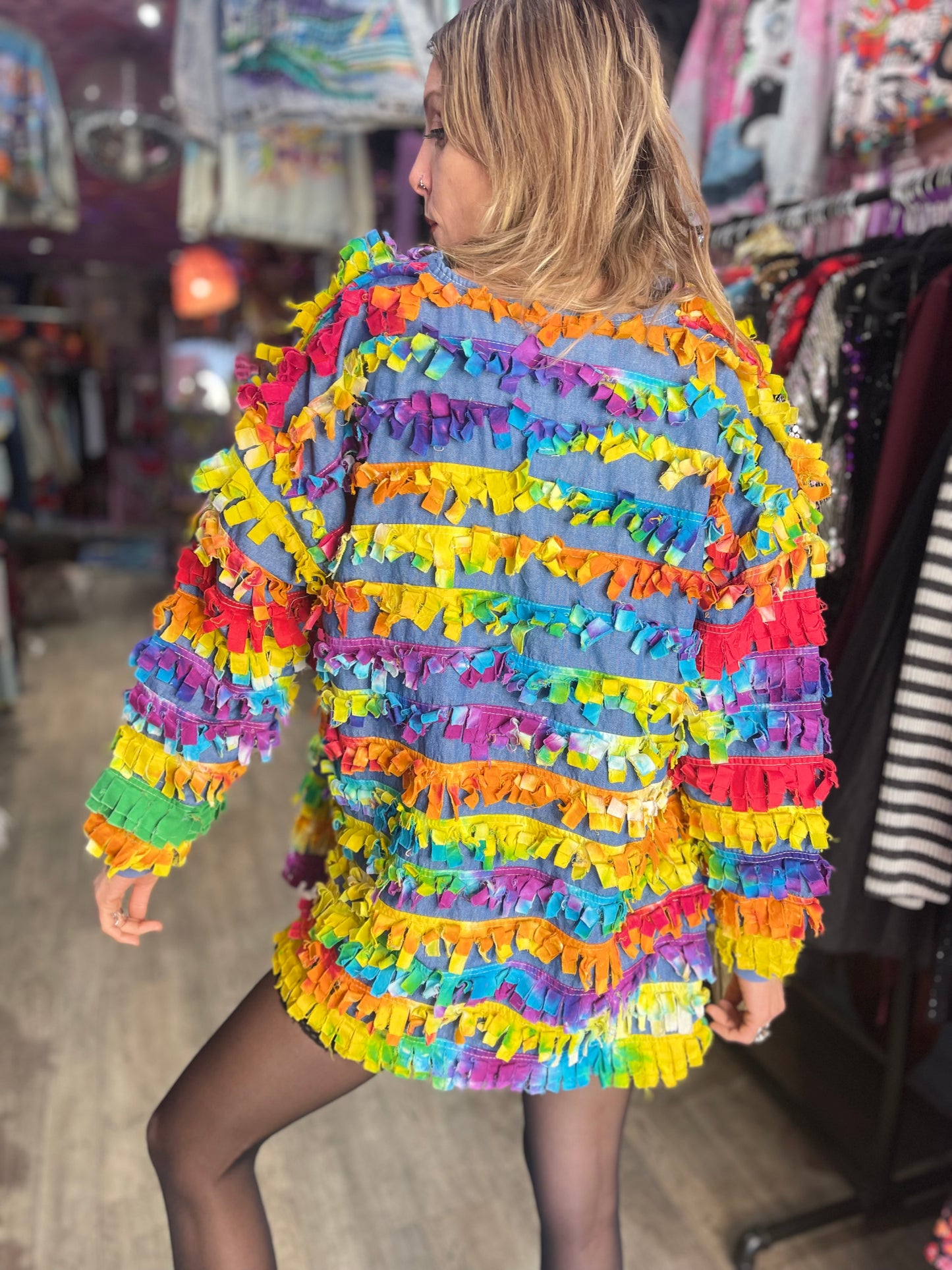 Vintage 90’s Rainbow Fringe Denim Jacket
