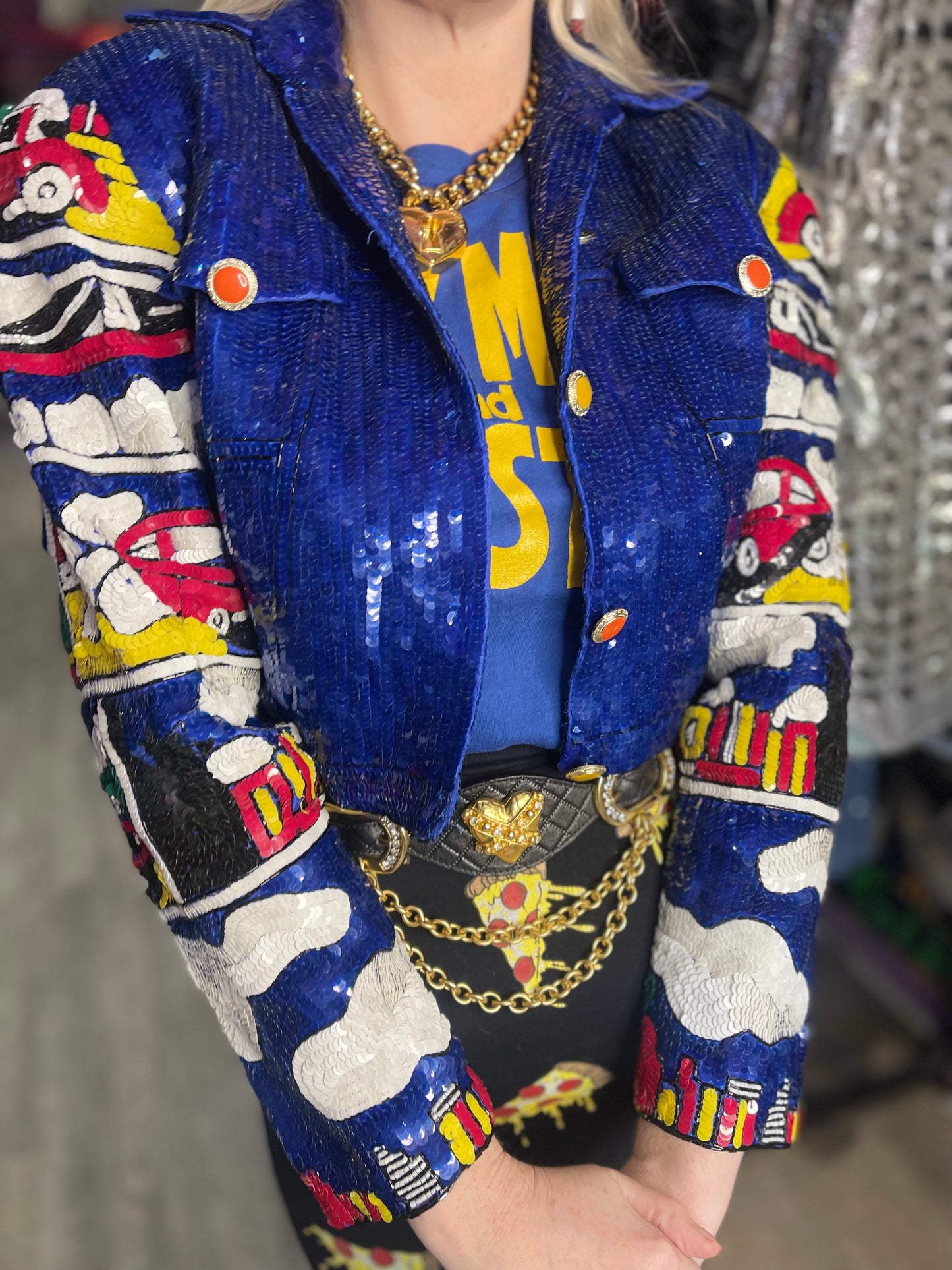 Vintage 90s Sequin Motor Cars Cropped Jacket