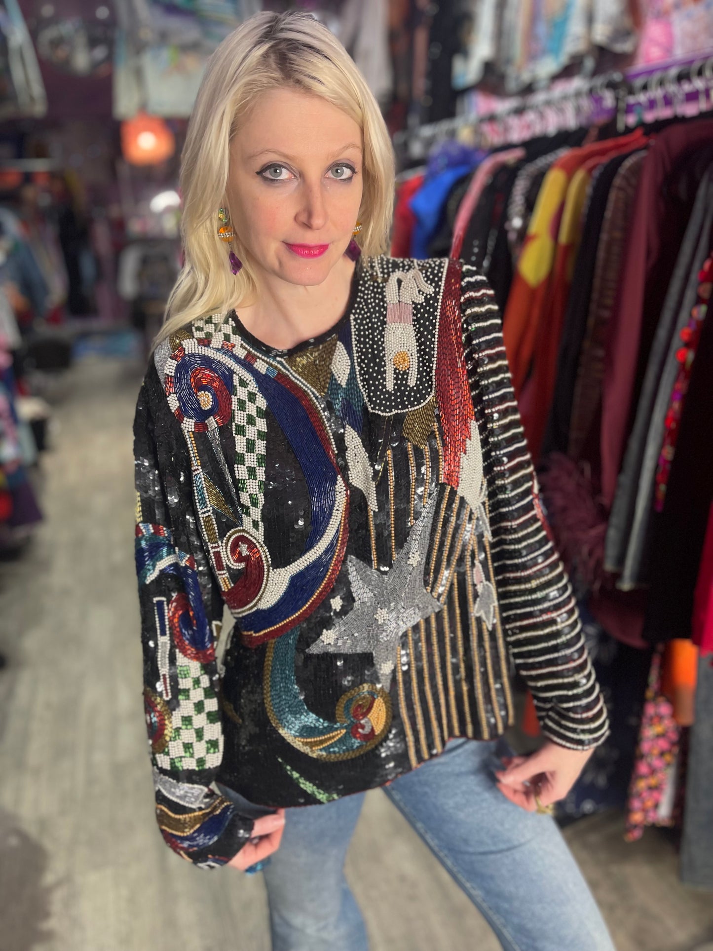 Vintage 80s Sequin Beaded Star Blouse