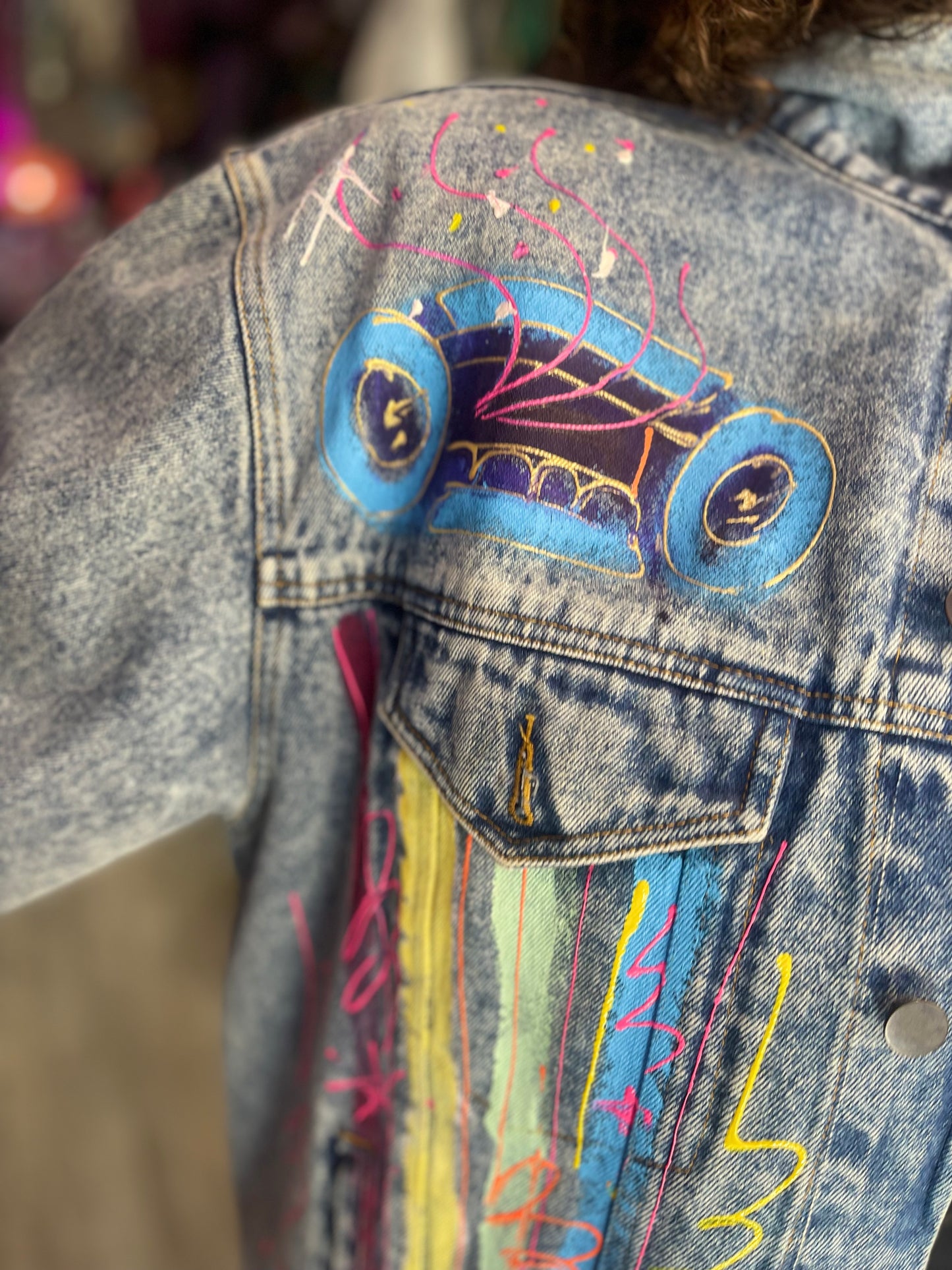 Vintage 80s Hand Painted Classic Car Chevy Jean Jacket