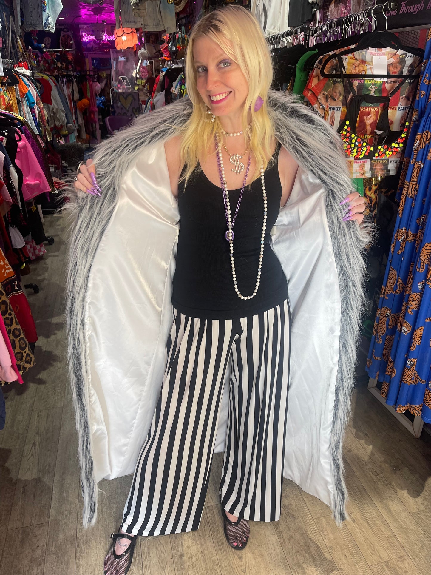 Vintage Y2K Zebra Faux Fur Duster Jacket