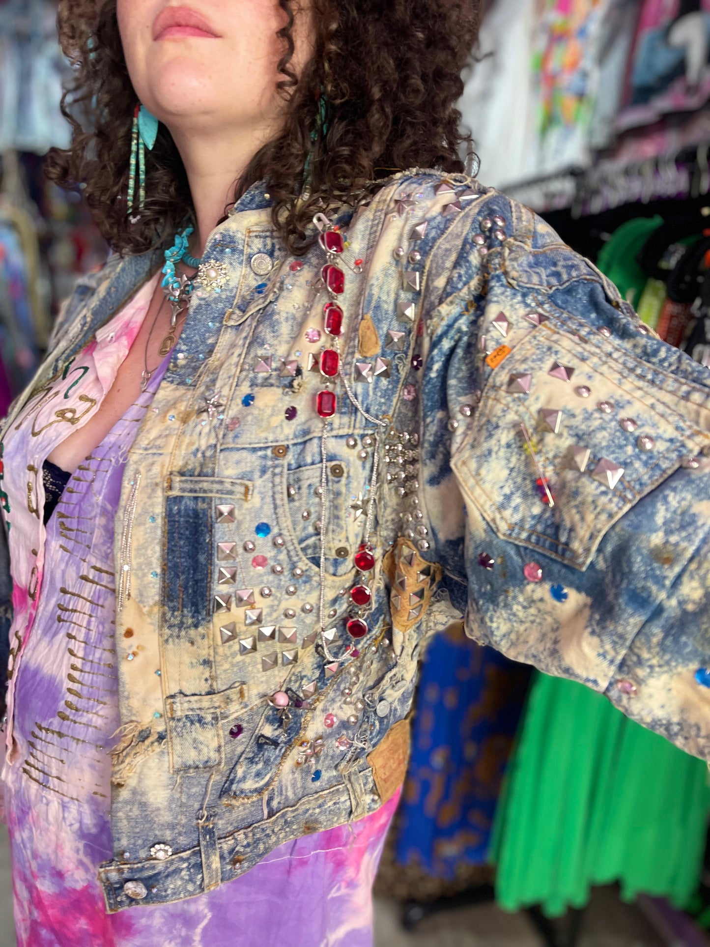 Vintage 80s Custom Patchwork Designer Quilted Bling Denim Jacket