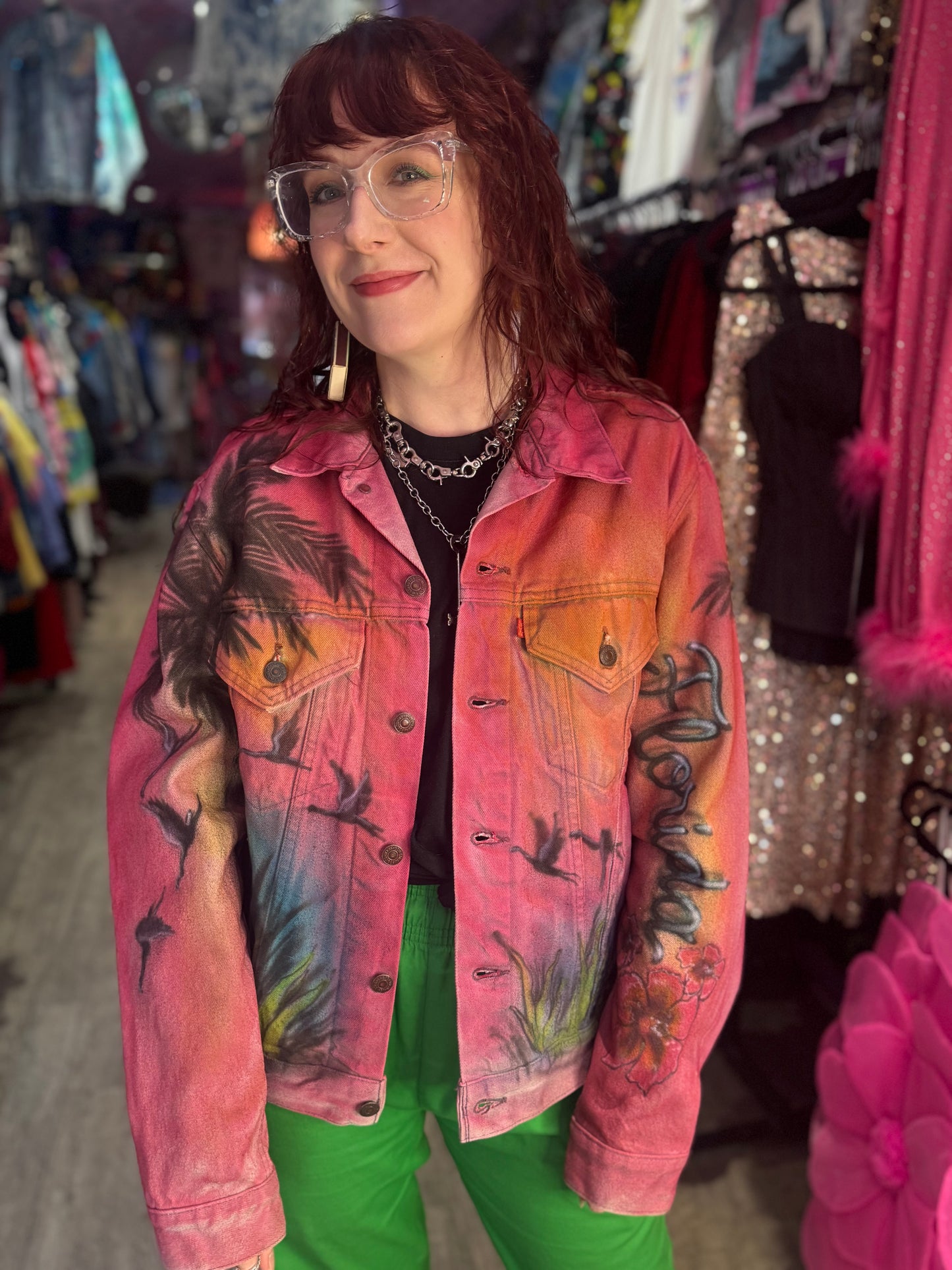 Vintage 80s Florida Flamingo Airbrushed Jean Jacket