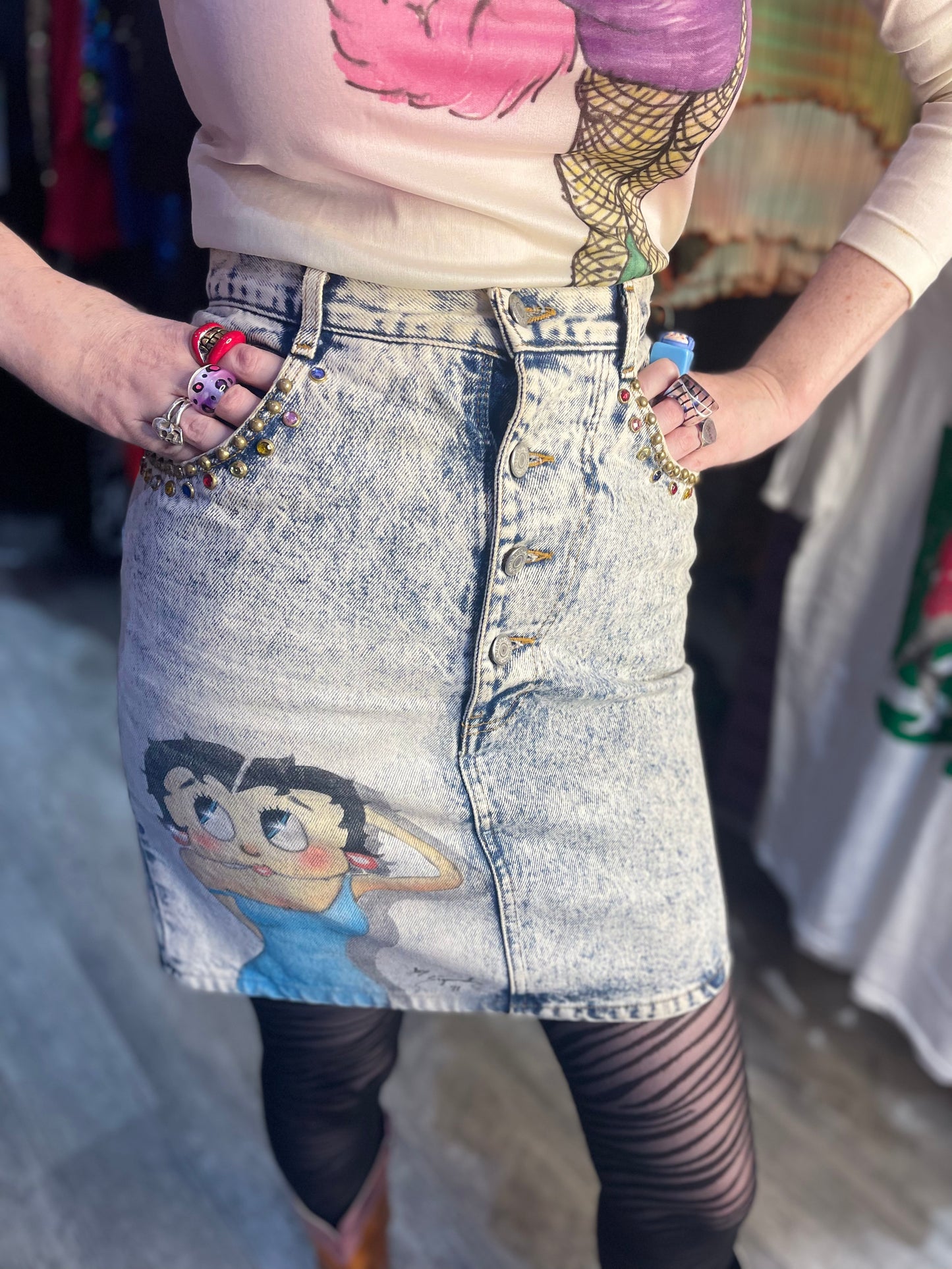Vintage Acid Wash Betty Boop Denim Mini Skirt