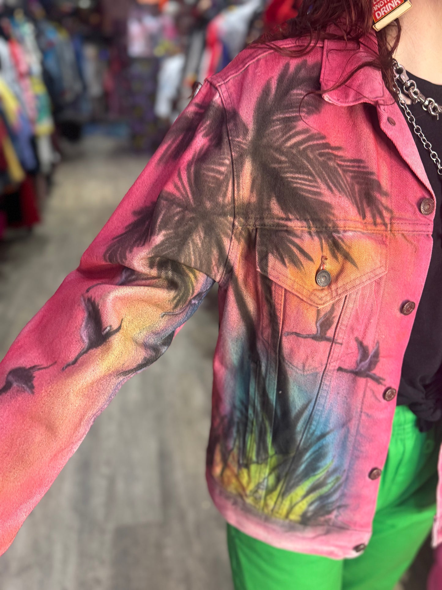 Vintage 80s Florida Flamingo Airbrushed Jean Jacket