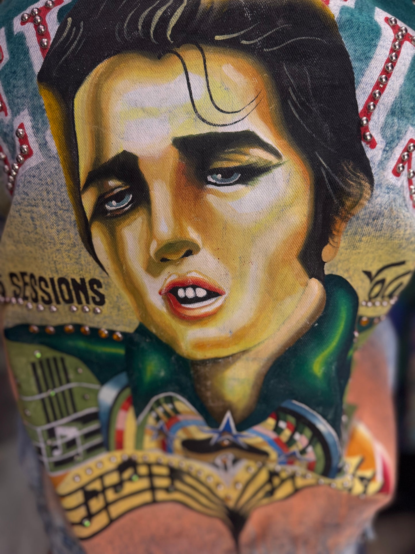 Vintage 80s Painted and Studded Elvis Jean Jacket