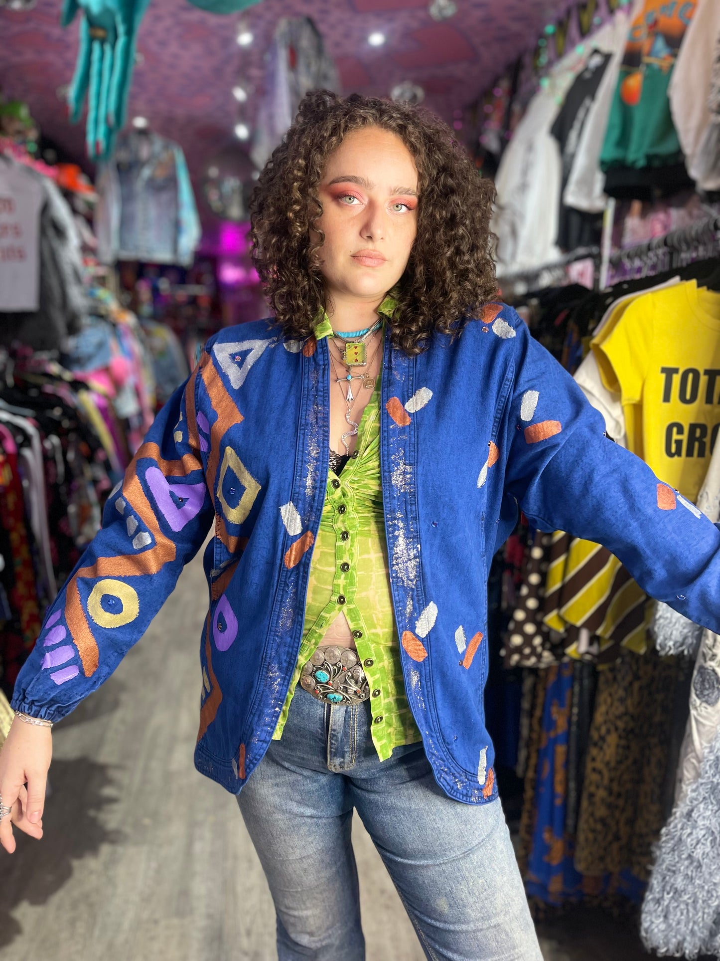 Vintage 80s Geometric Painted Blue Jacket