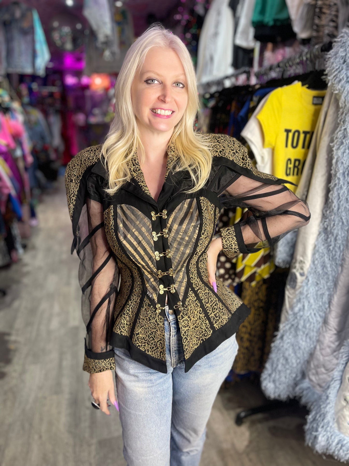 Vintage 90s Gold and Black Status Print Peplum Jacket