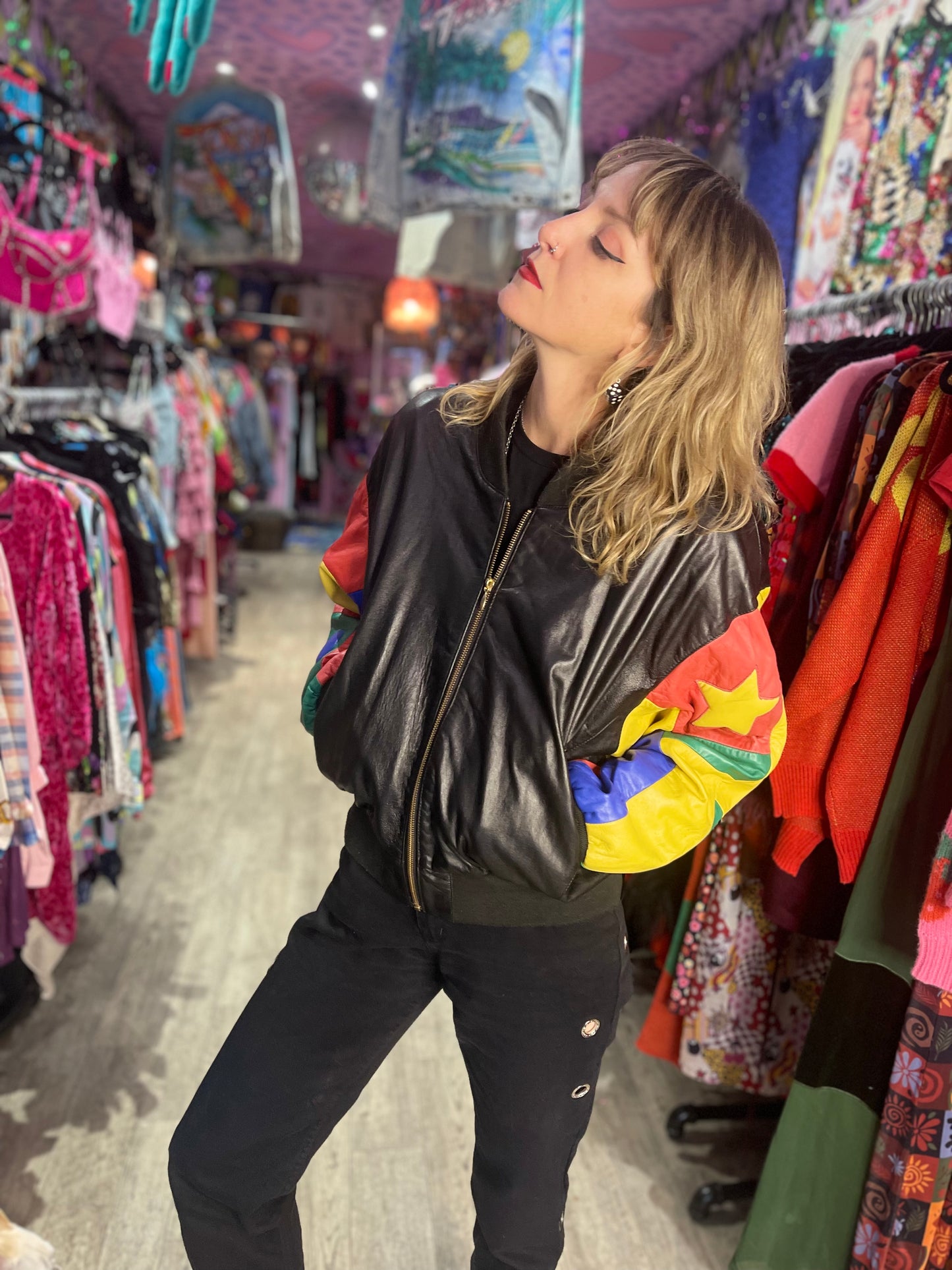 Vintage 90s Colorblock Leather Bomber Jacket